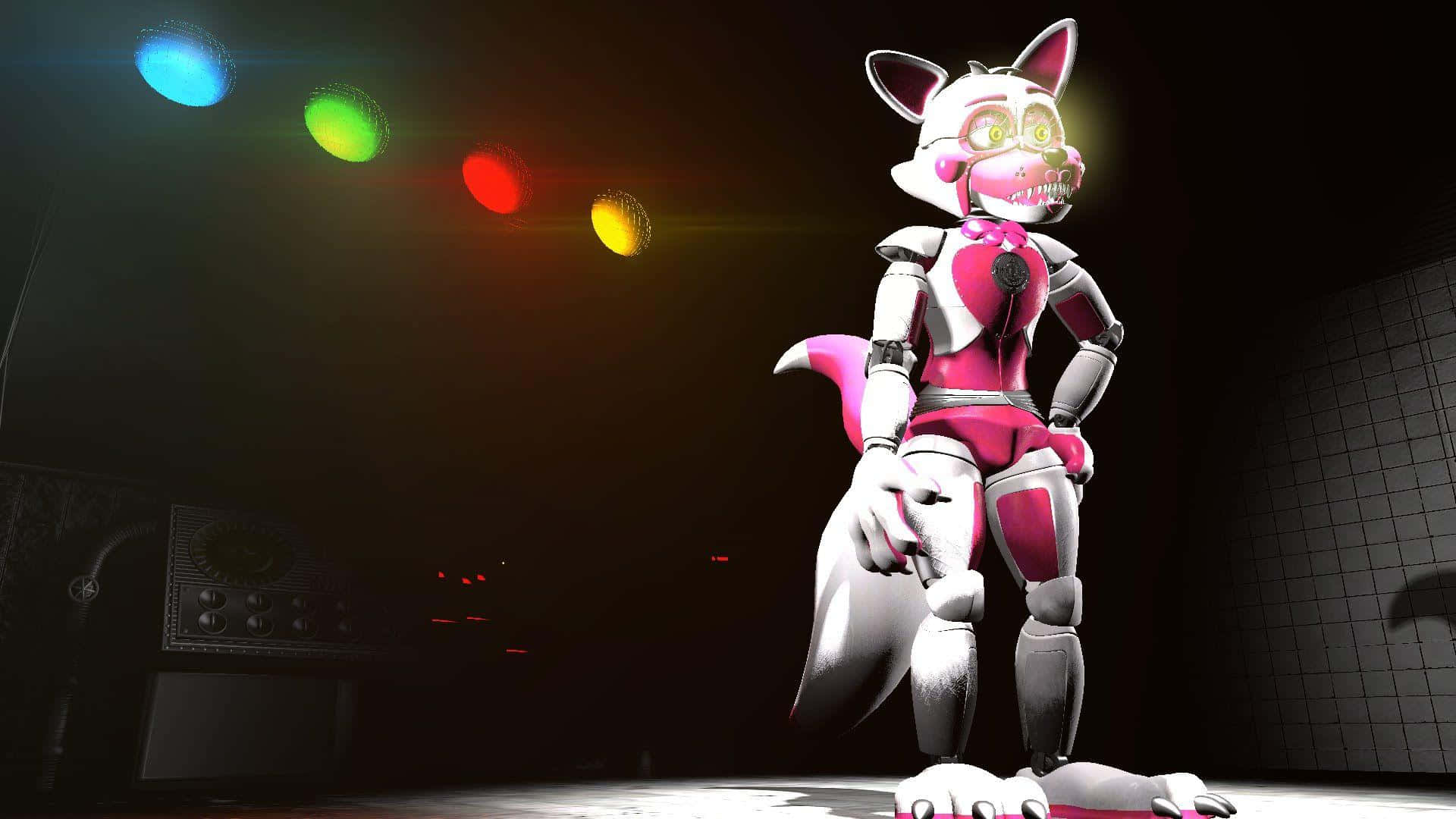 Funtime Foxy in a thrilling pose in front of a vibrant background Wallpaper