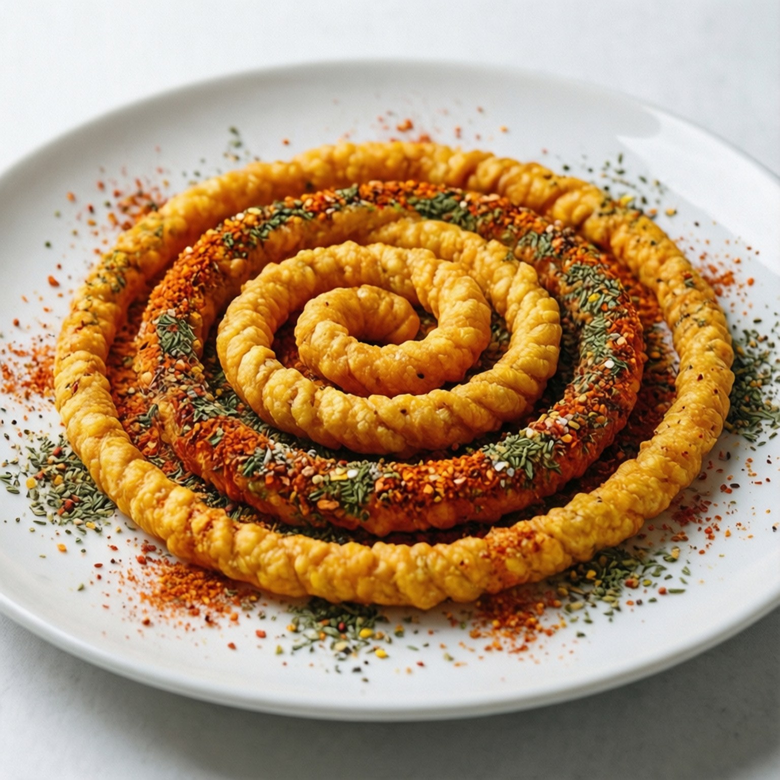 Funyuns arranged in a spiral with colorful seasonings on plate.