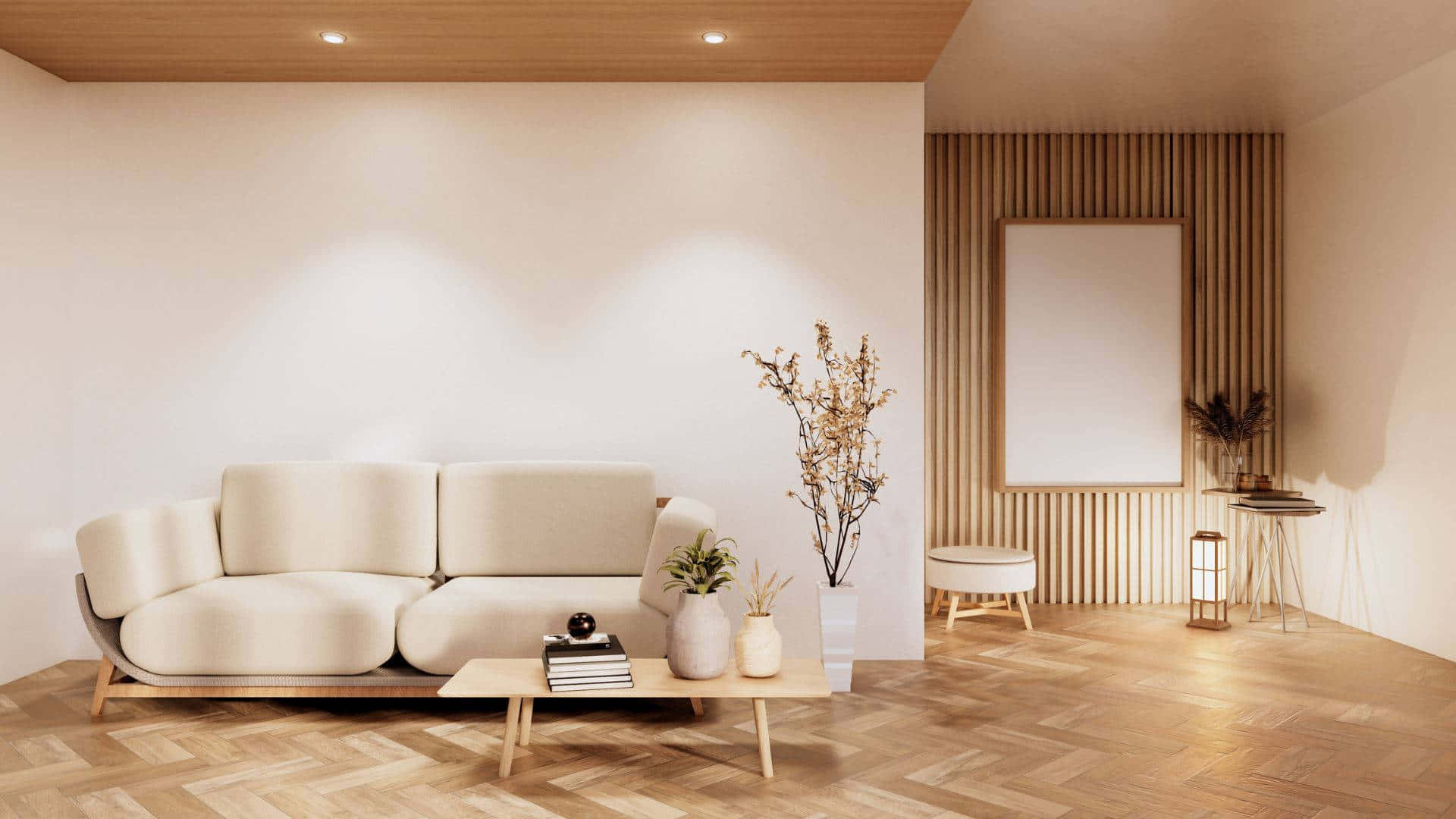 Einwohnzimmer Mit Einem Weißen Sofa Und Holzböden.