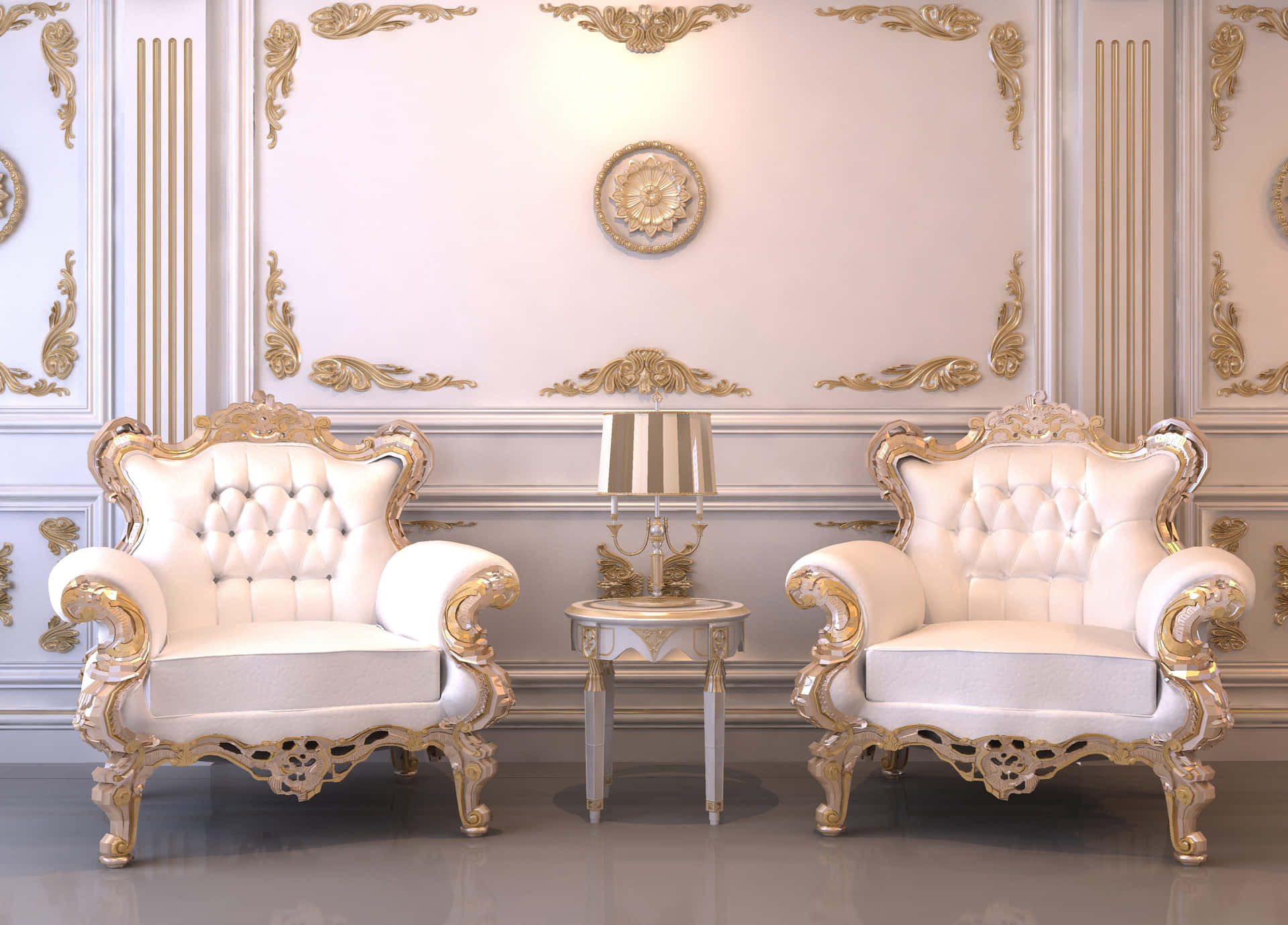 A White And Gold Living Room With Two Chairs