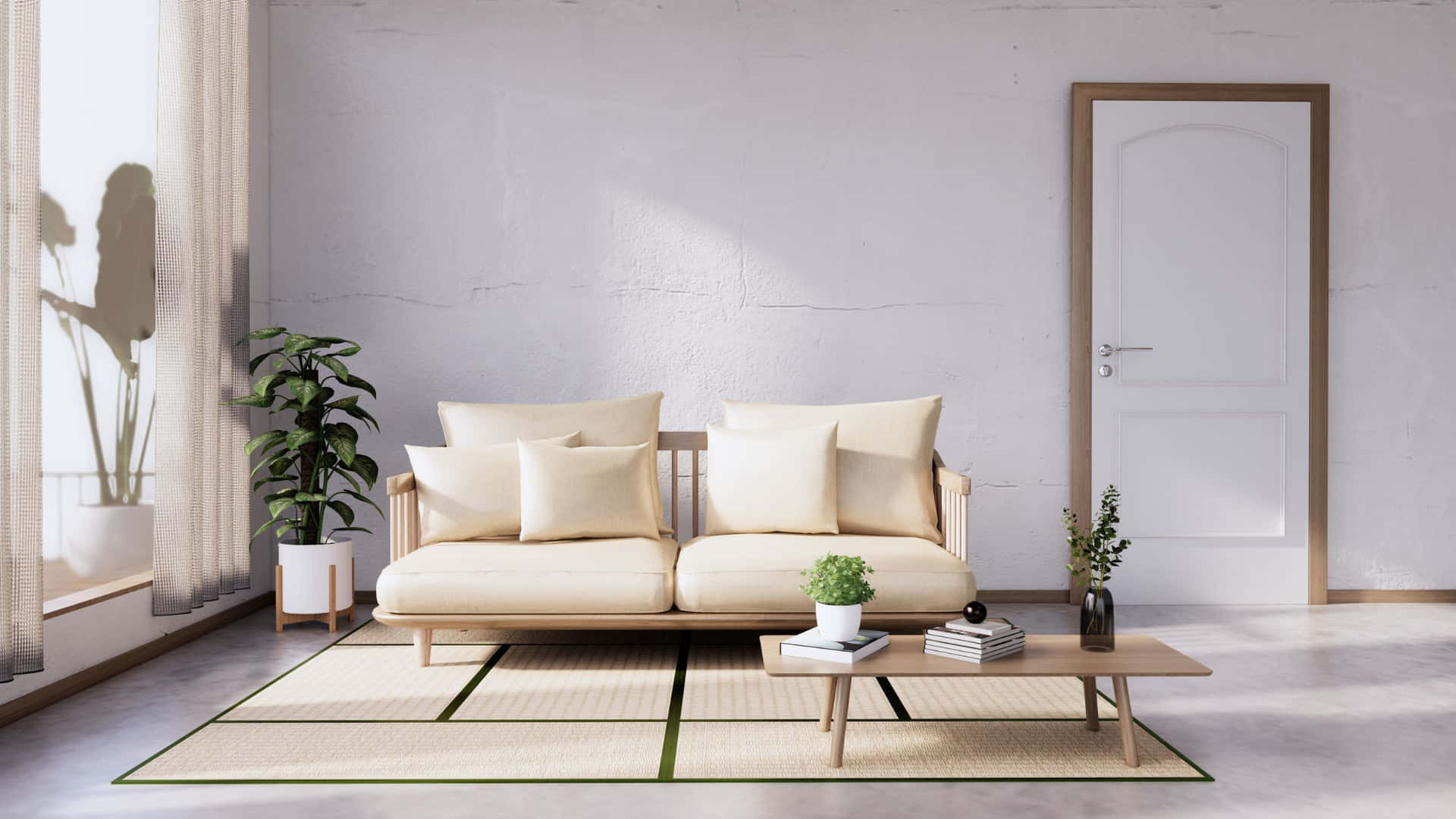A White Living Room With A White Couch And A Plant