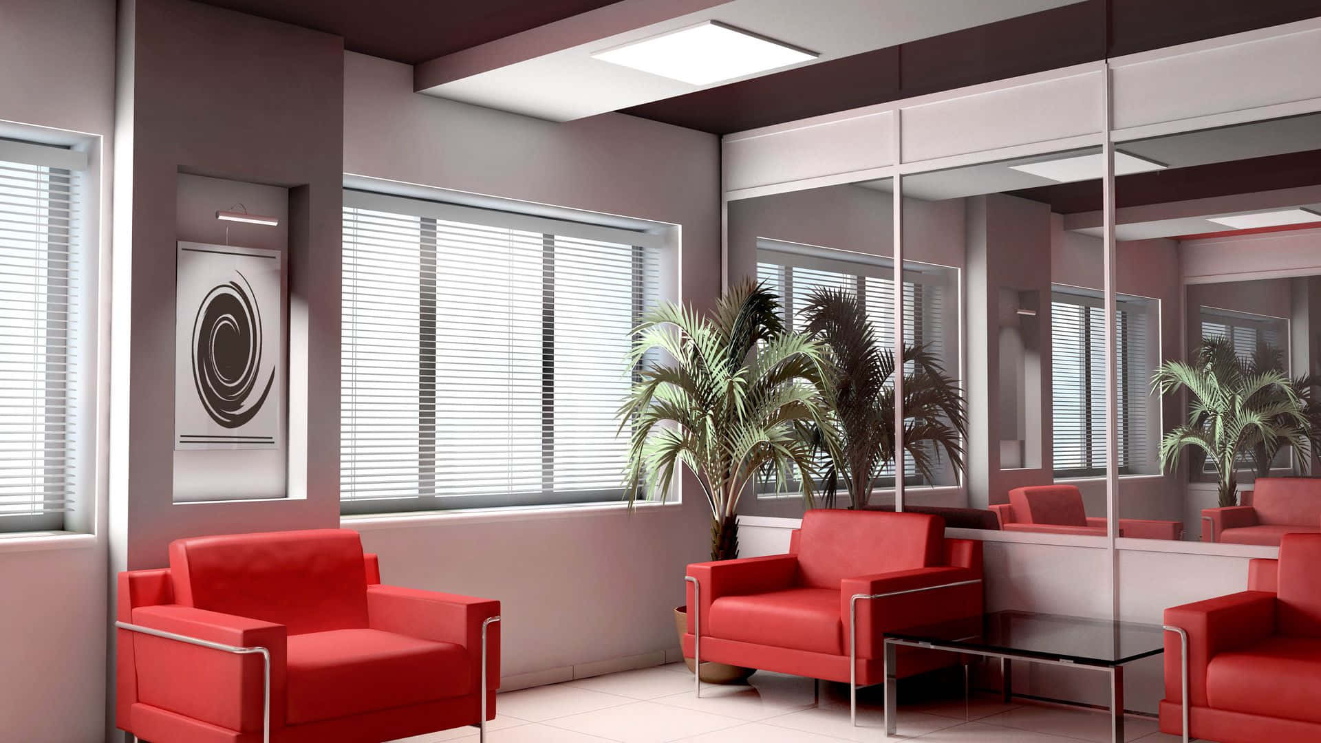 A Modern Office With Red Chairs And Mirrors