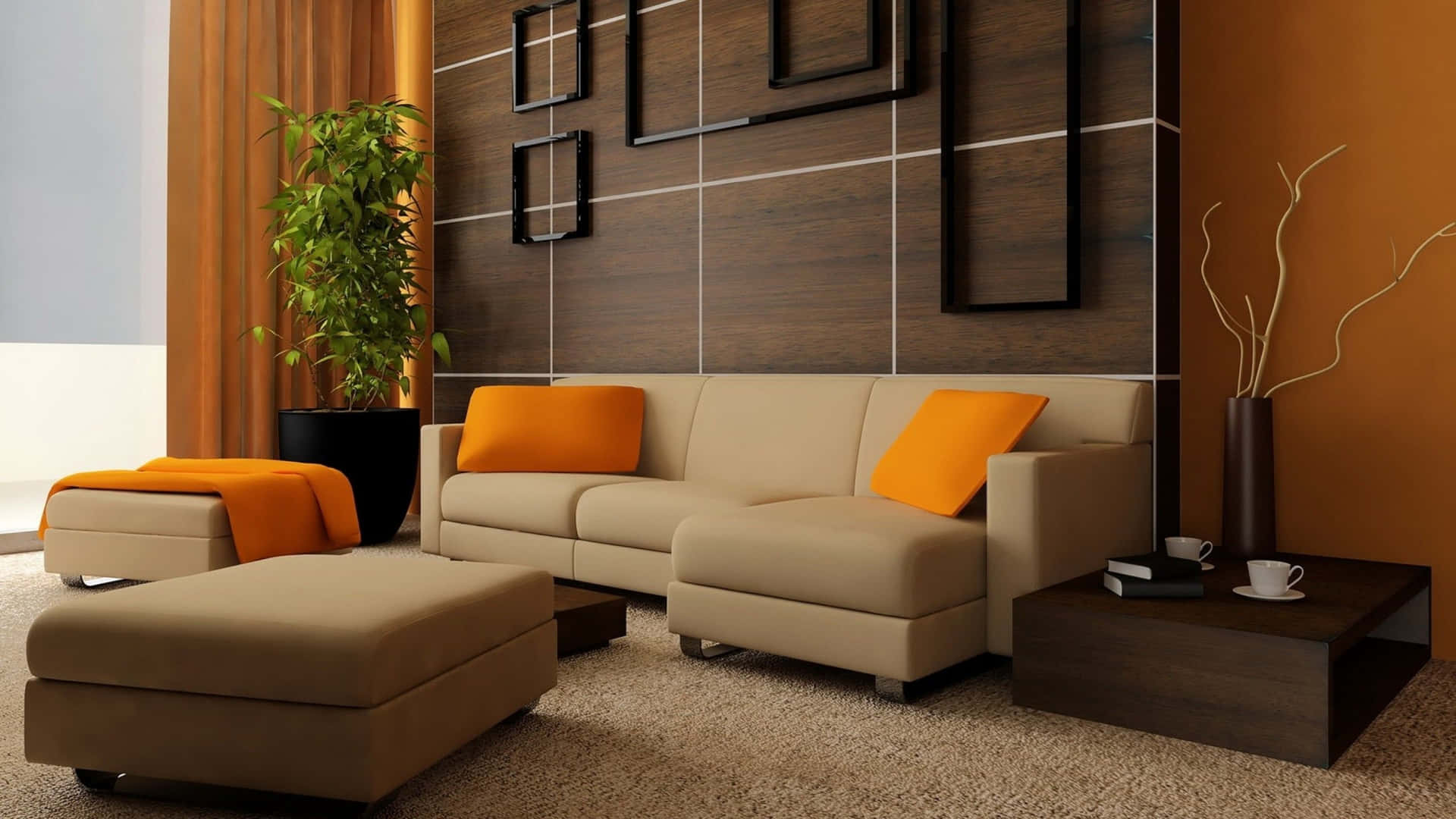 A Living Room With Orange Walls And Furniture