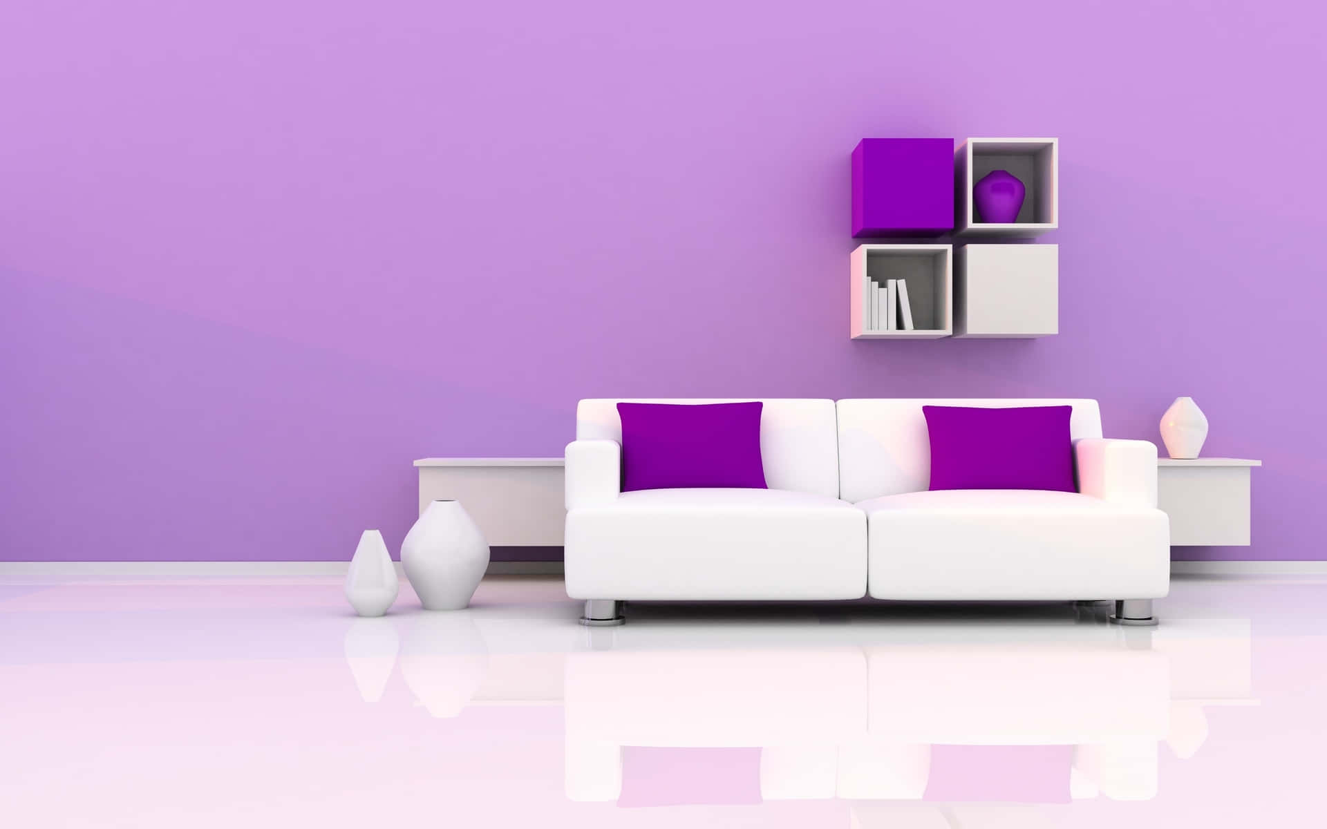 Lilawohnzimmer Mit Weißem Sofa Und Lila Wänden