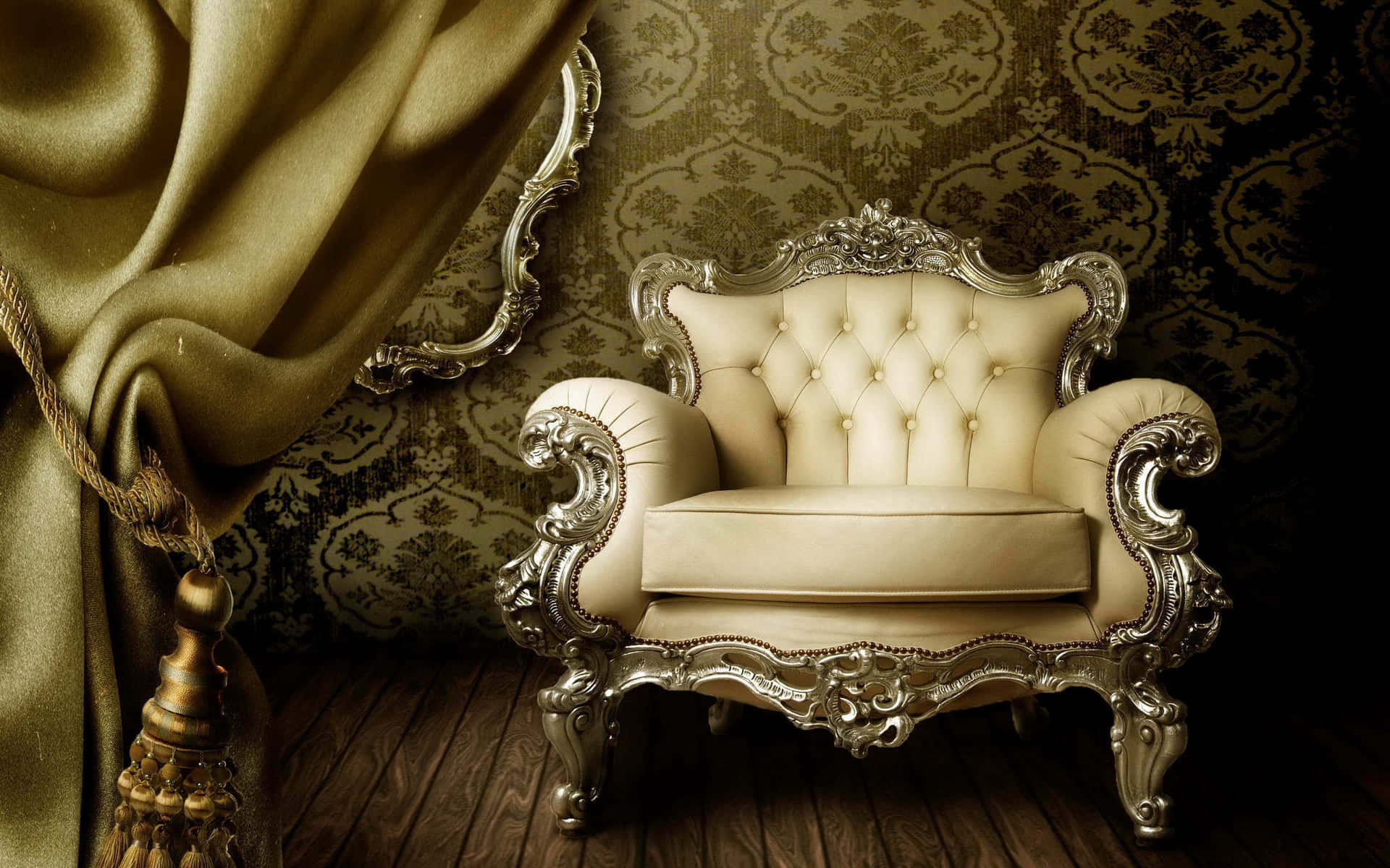 Einkunstvoller Stuhl Vor Einem Goldenen Vorhang.