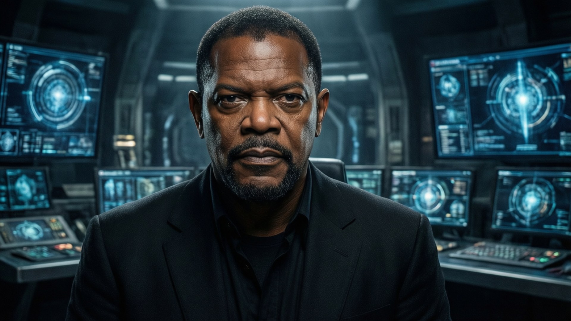 Fury in Command Wallpaper — A man in a black suit stares intensely from a high-tech control room filled with glowing blue holographic screens.