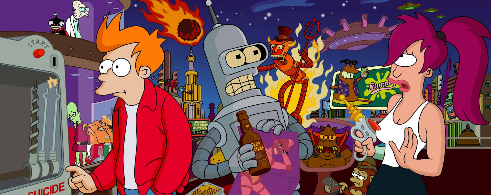 Futurama crew in an otherworldly city