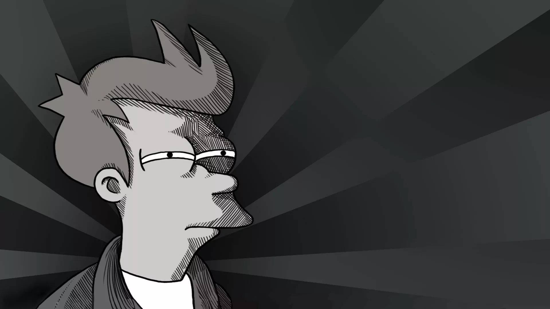 Black and white Futurama Fry character showing blank or doubtful expression, cartoon meme.