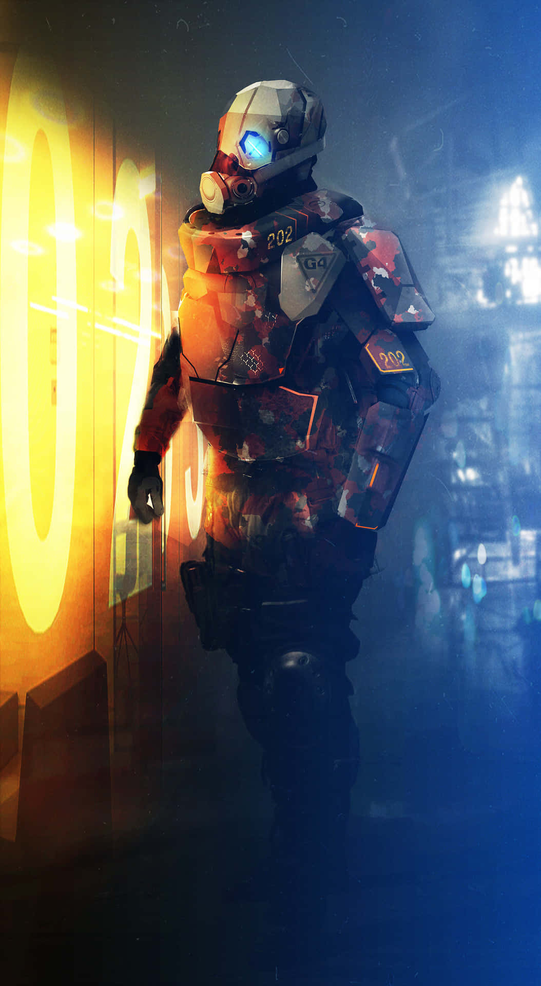En mand i et futuristisk outfit står foran et neon skilt.
