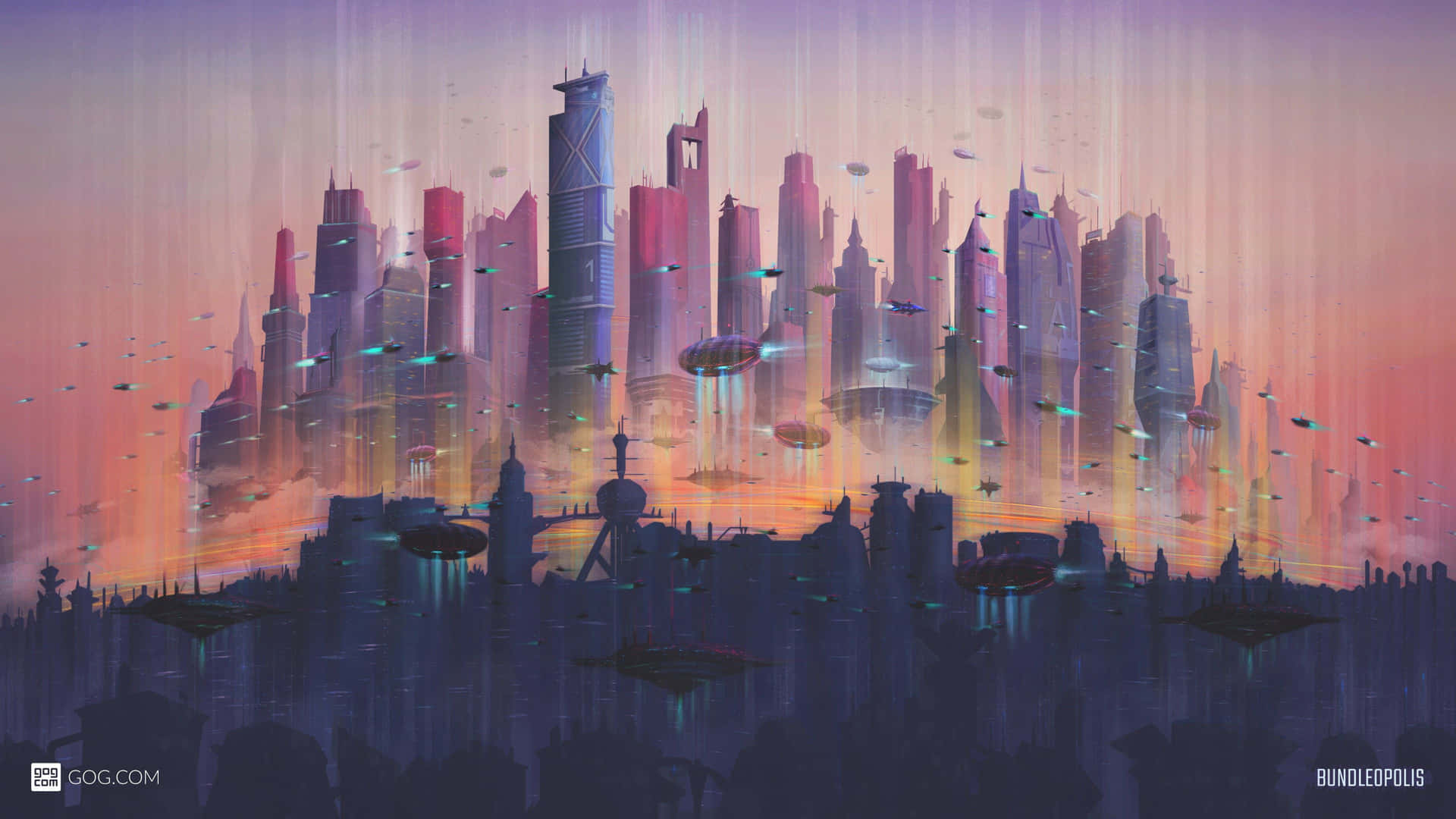 A Cityscape With Many Buildings And A Spaceship