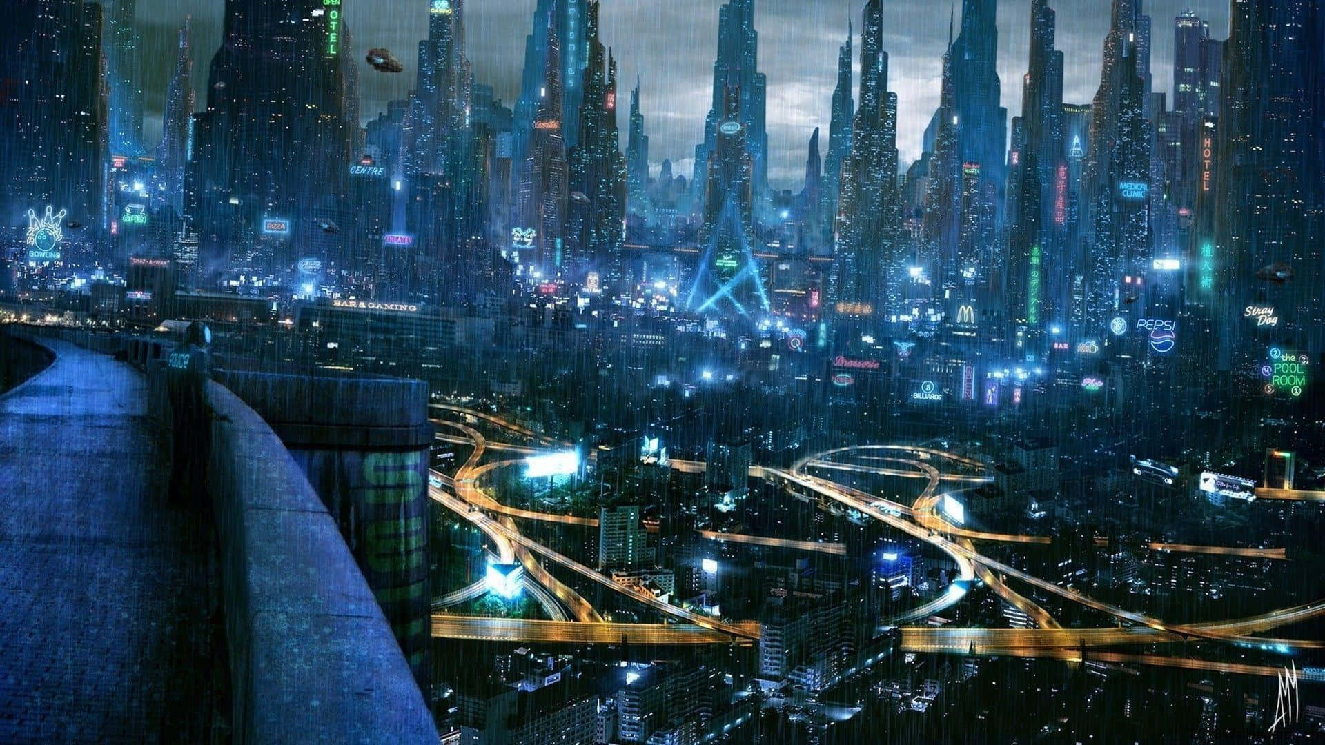 En fremtidig by med mange bygninger og lys