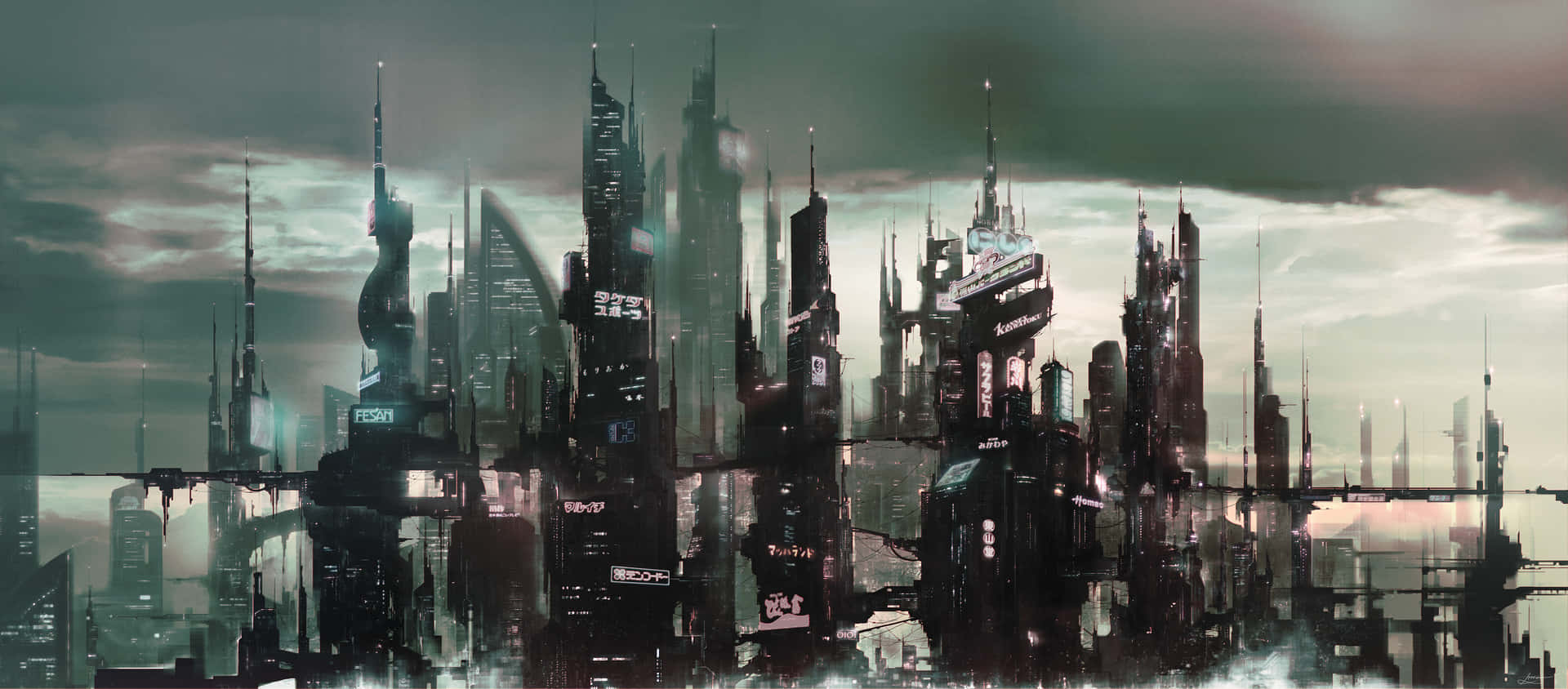 Et fascinerende, futuristisk by skylinje. Wallpaper