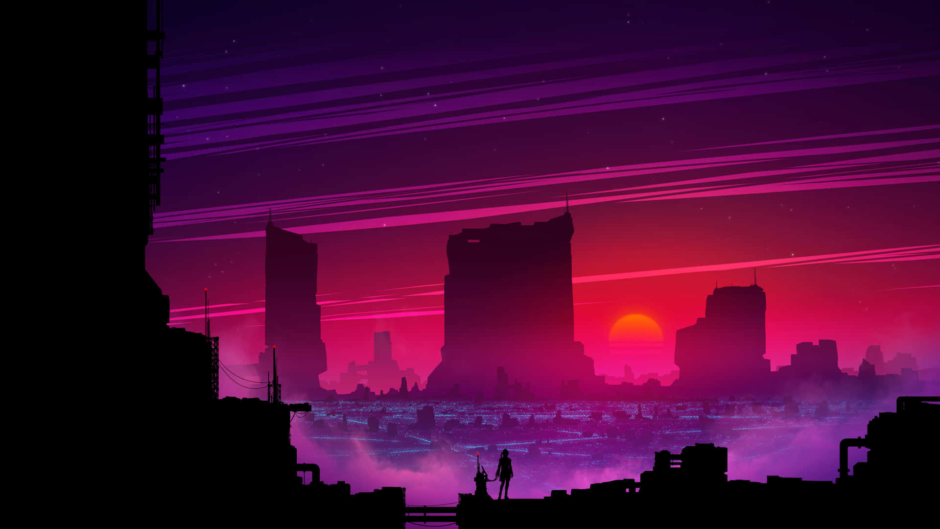 a cityscape with a purple sky and buildings Wallpaper