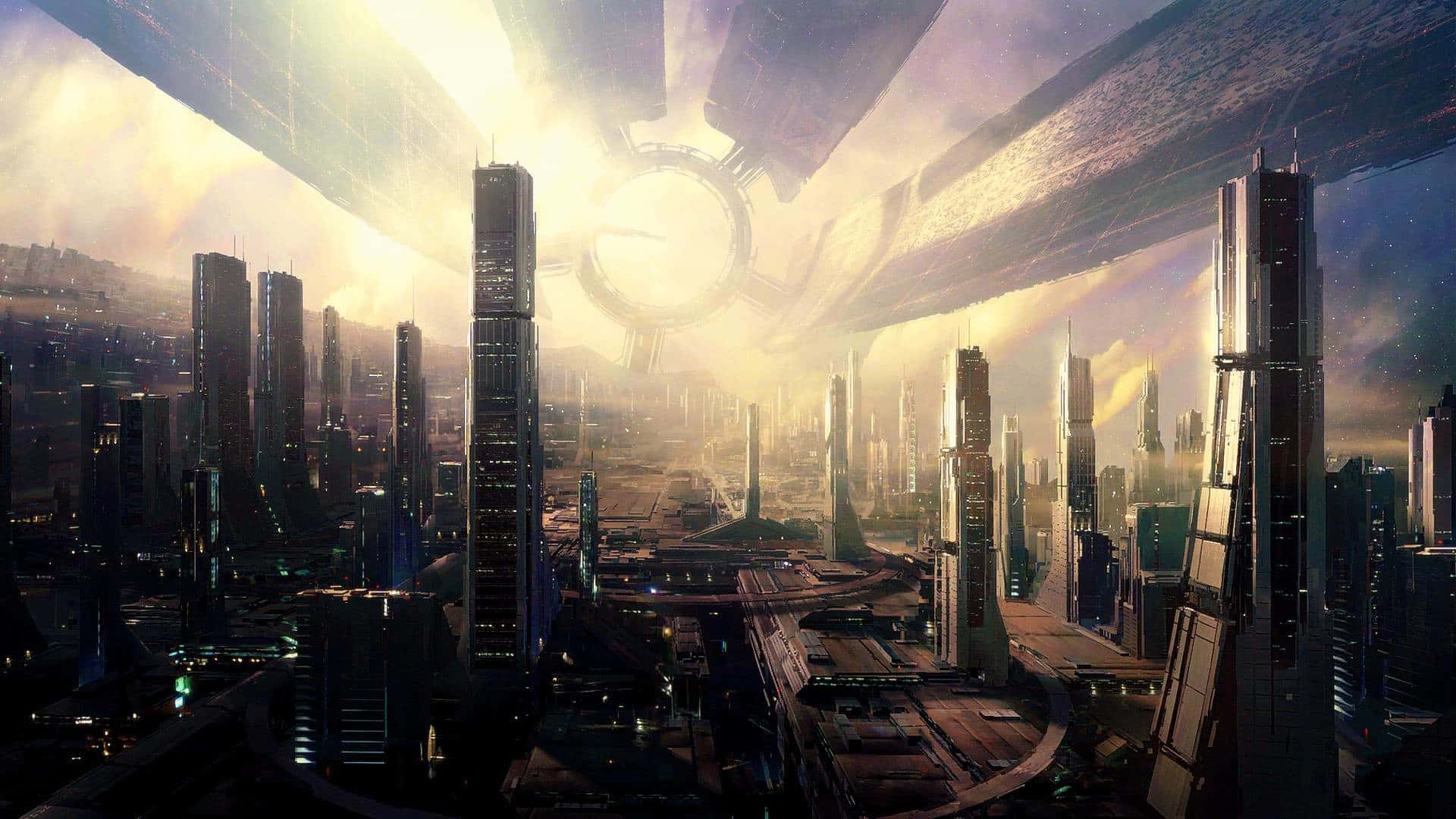 View of a futuristic city with bright lights and tall skyscrapers Wallpaper