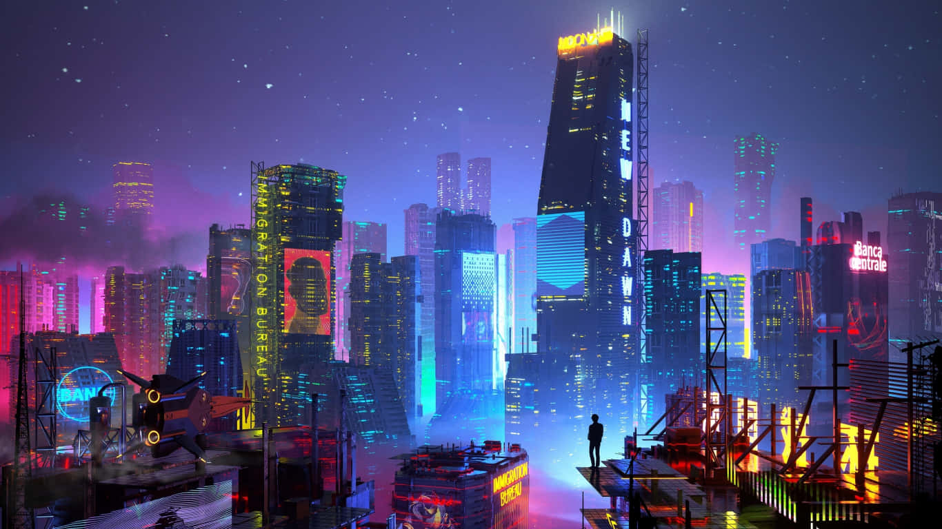 Transition to the future with this amazing view of a futuristic city skyline Wallpaper
