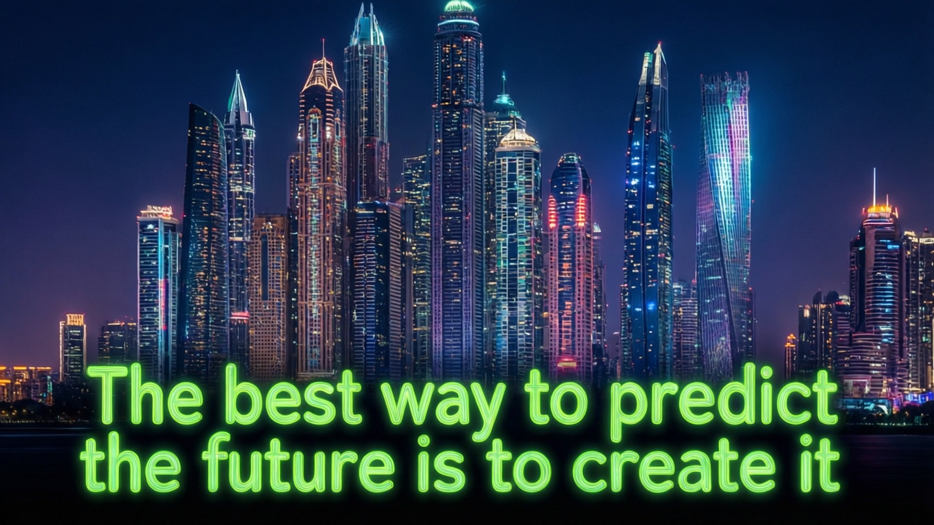 Neon cityscape with Peter Drucker quote