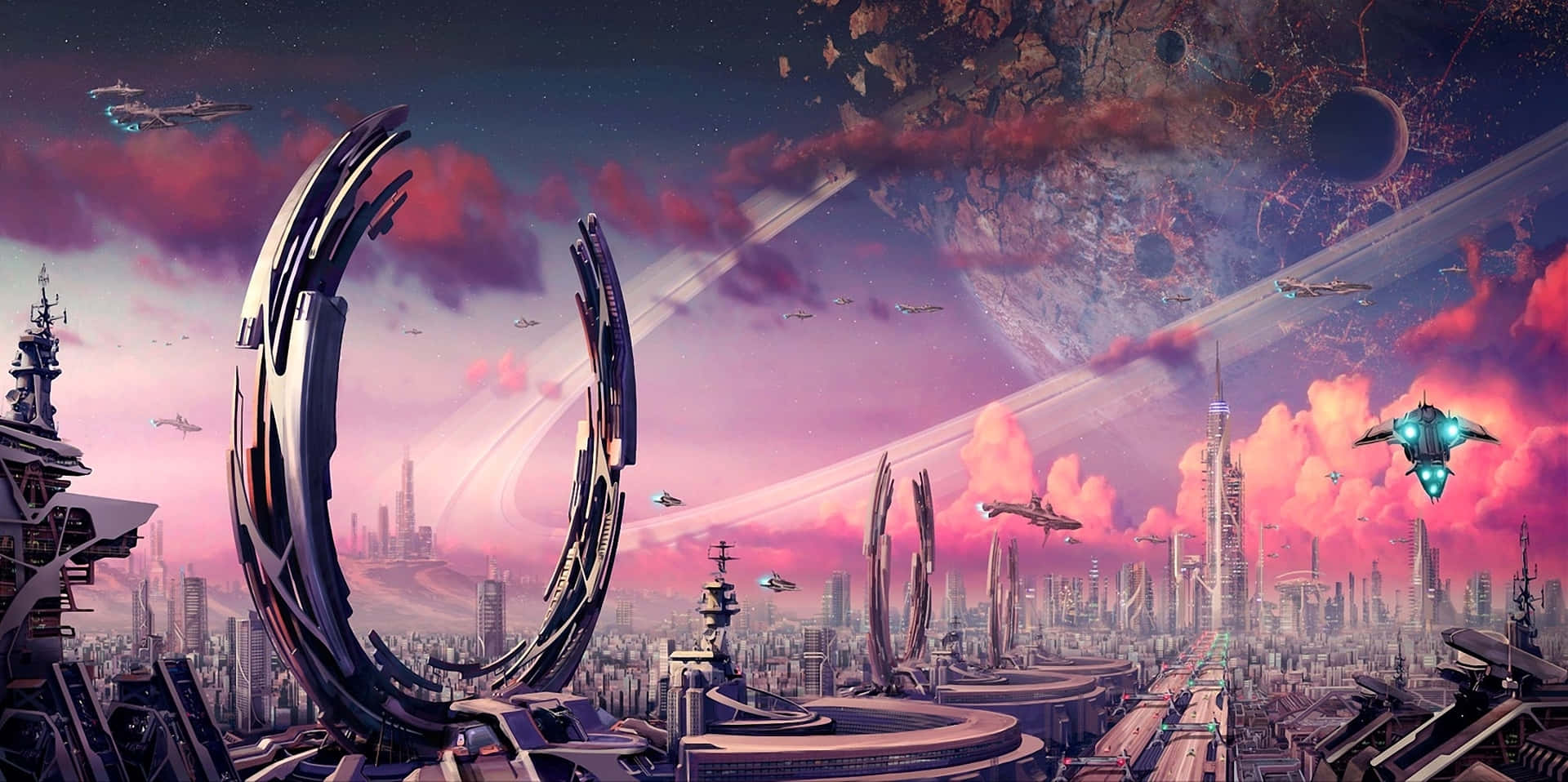 Future Pink Sky Spaceship Desktop Wallpaper