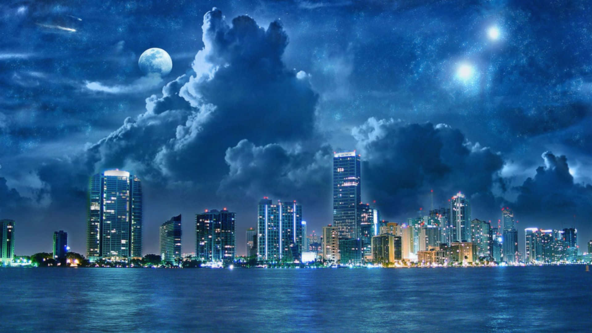 Future City Moon And Stars Desktop Wallpaper