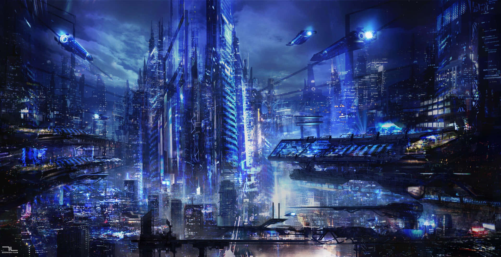 Futuristisk by med blå lys og futuristiske bygninger Wallpaper