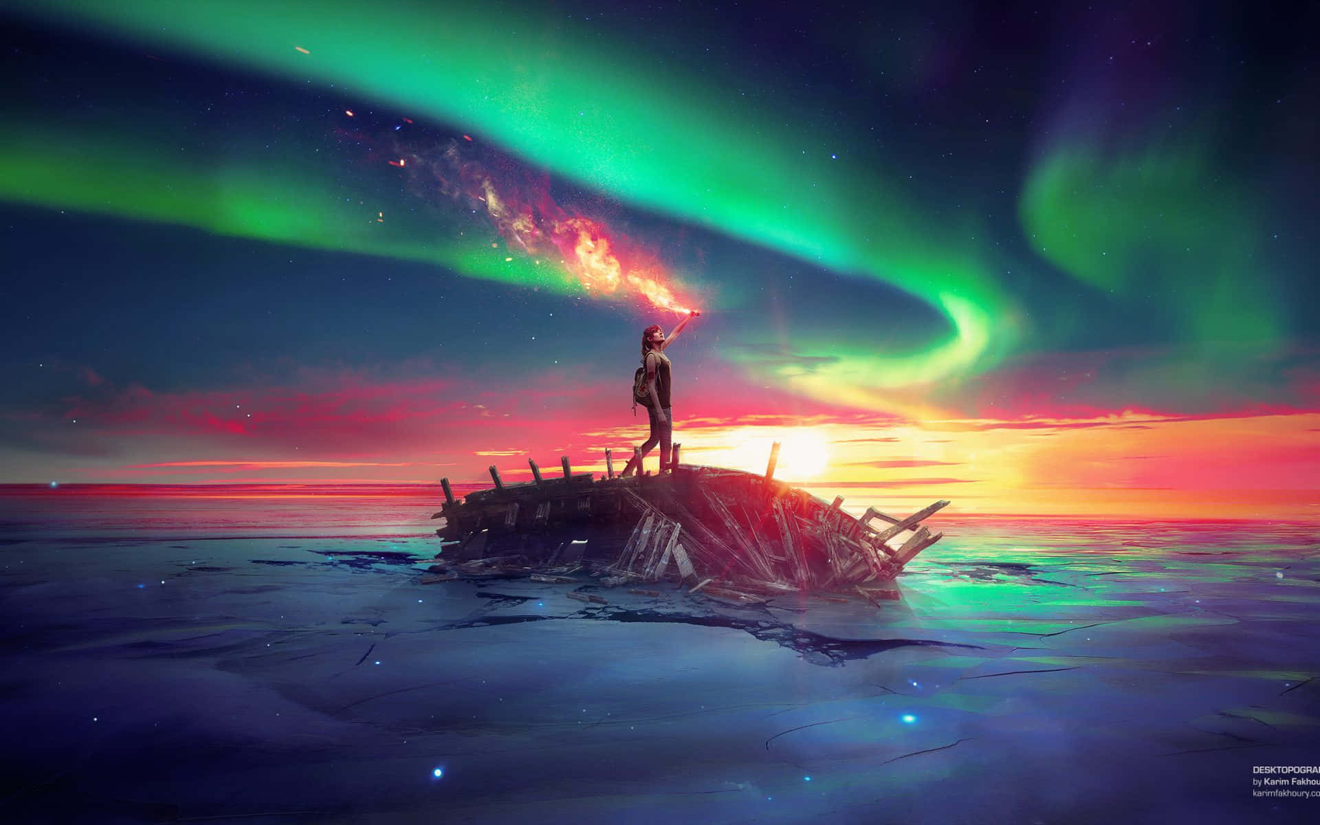 En person står på et skib med en aurora lys i baggrunden. Wallpaper
