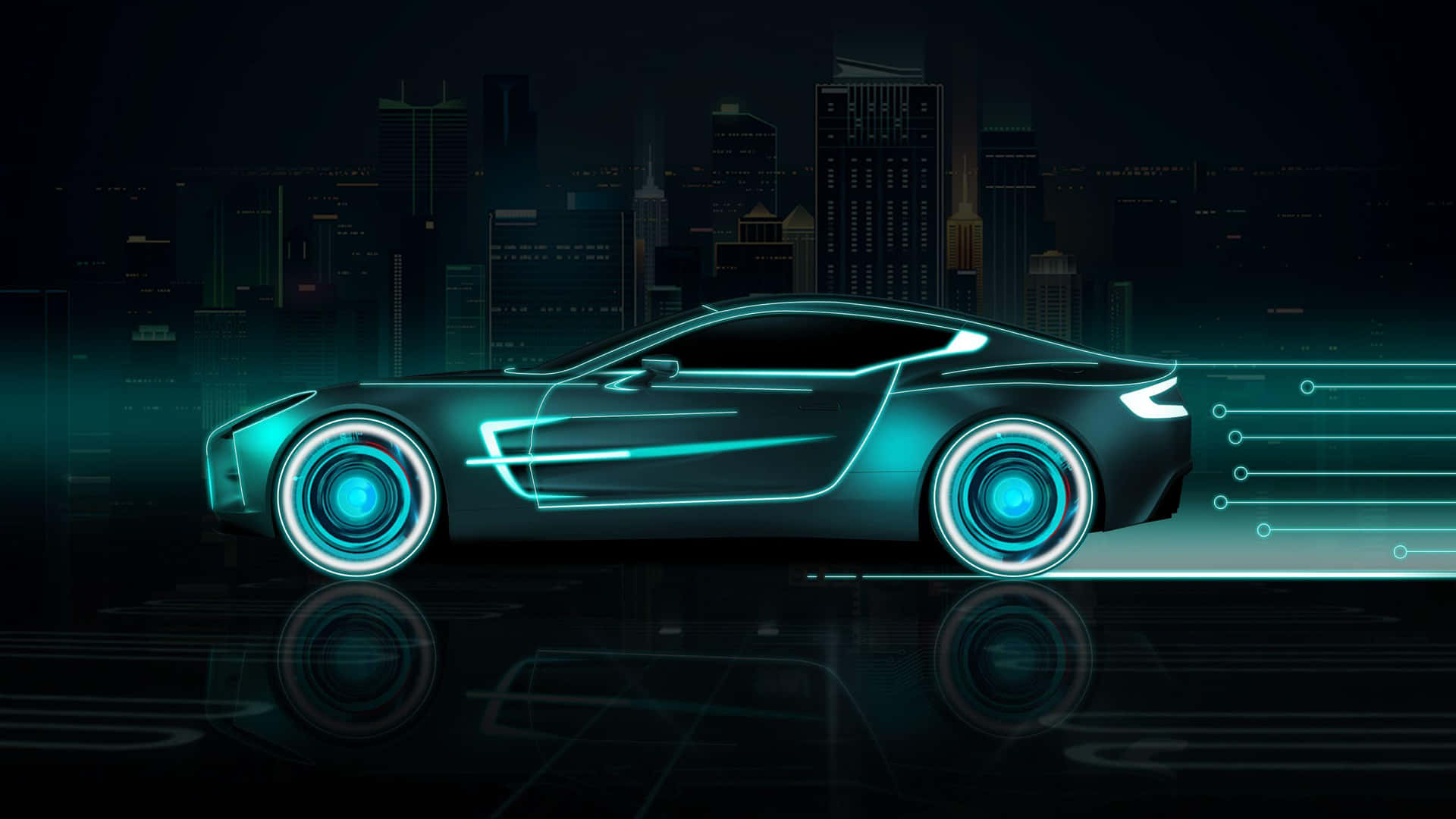 Mobil Futuristik Dengan Lampu Neon Di Pemandangan Kota Wallpaper