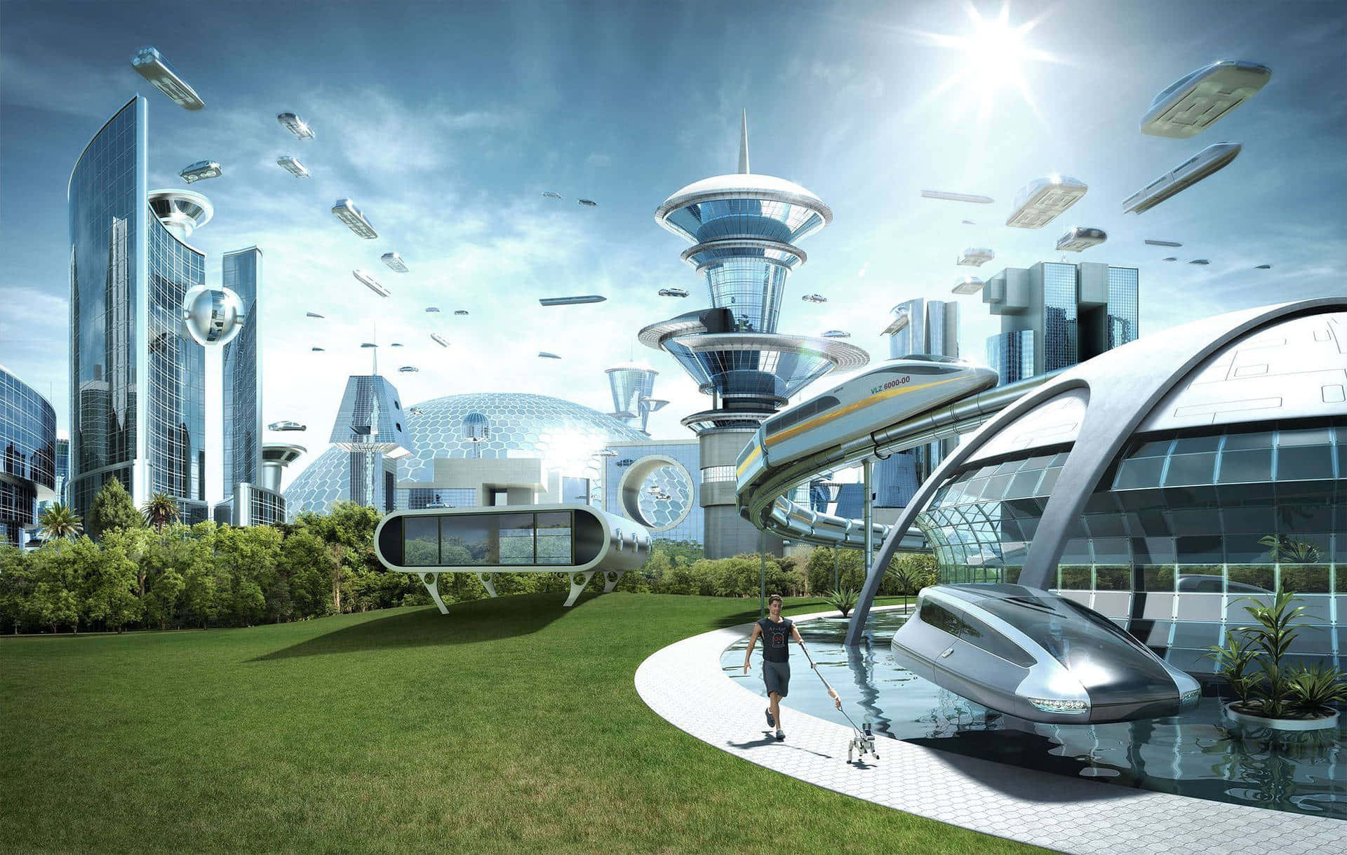 Futuristiskstad Med Futuristiska Byggnader Och Futuristiska Bilar