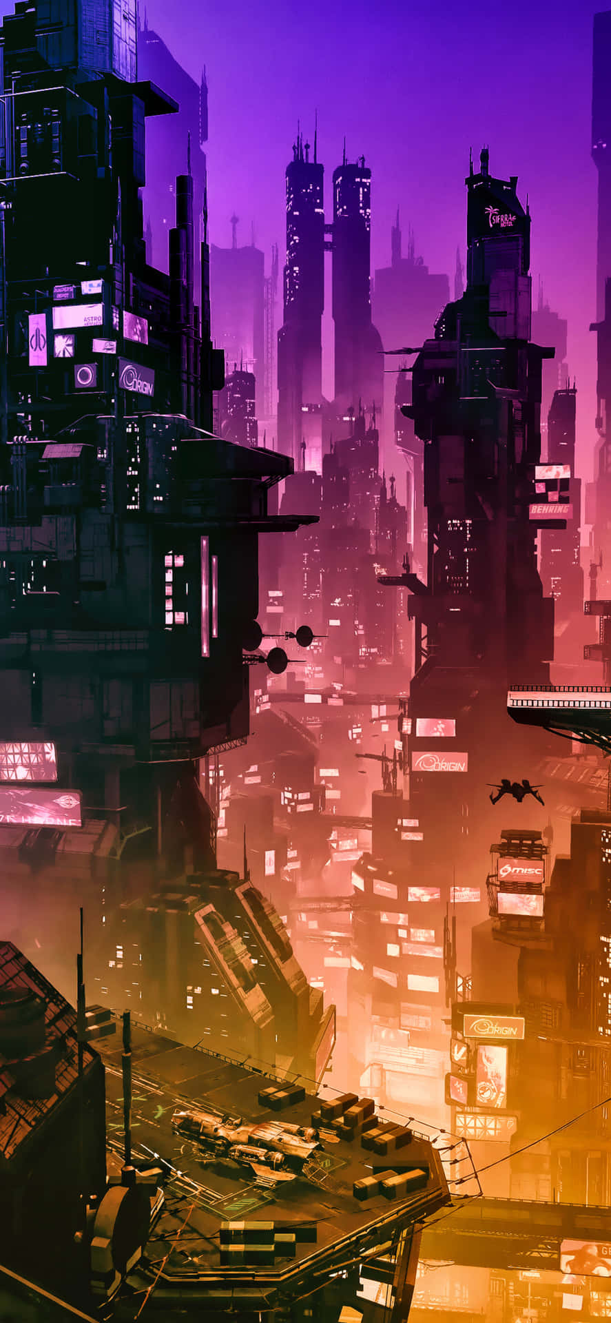 A Futuristic City With Buildings And A Purple Sky