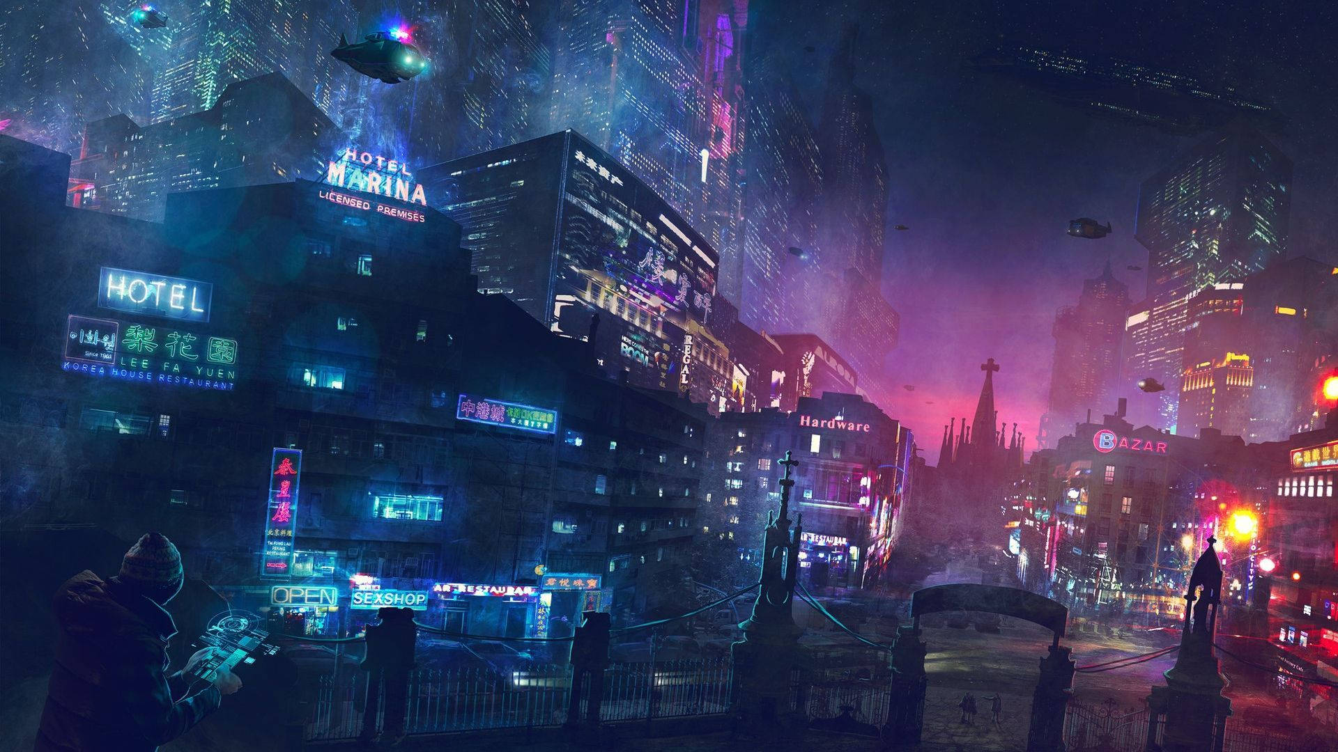 Looking up into the vast, futuristic cyberpunk cityscape, the urban night sky is illuminated by the chaos and energy of this technological paradise. Wallpaper