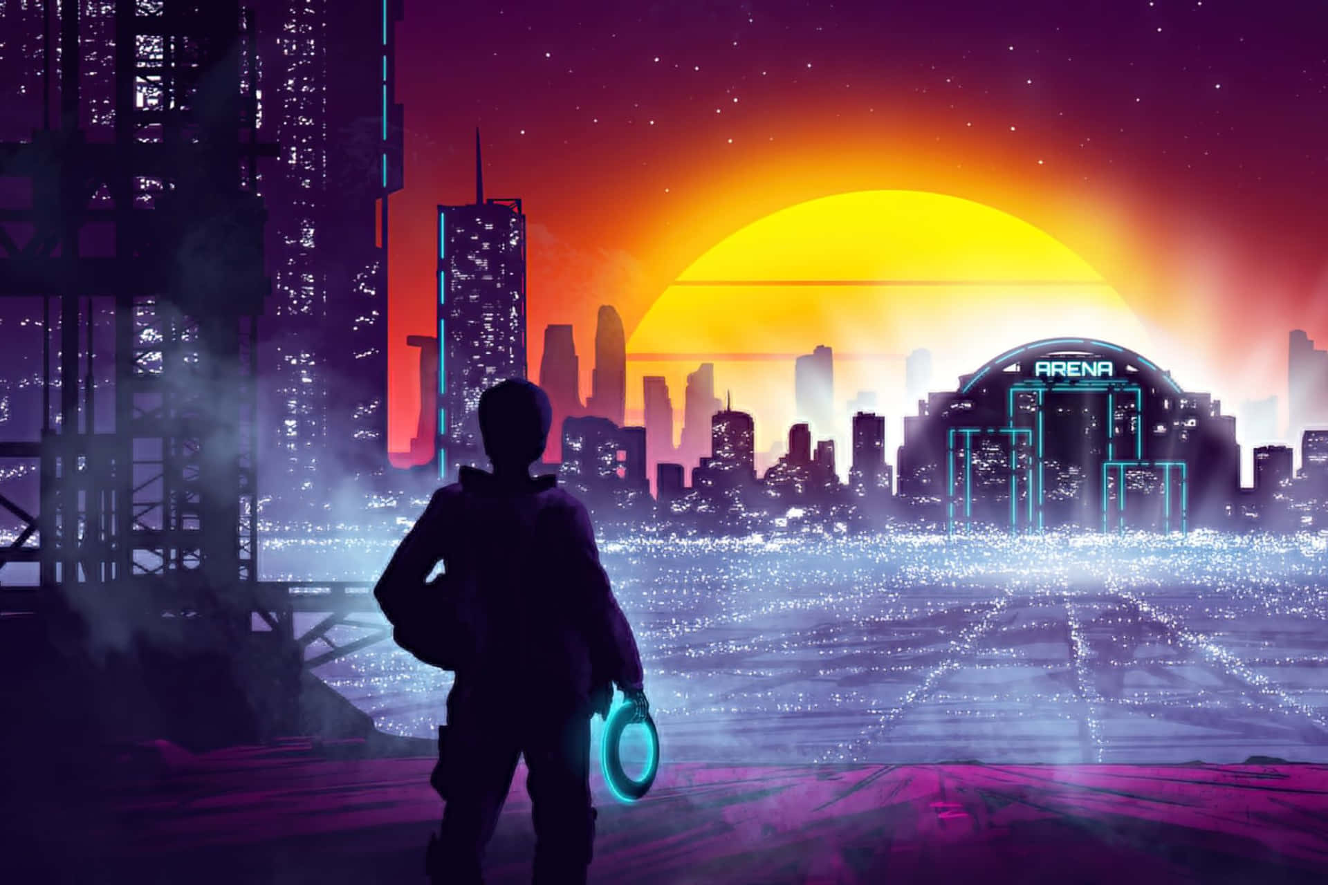 Futuristic_ Cityscape_with_ Figure_and_ Sunset Wallpaper