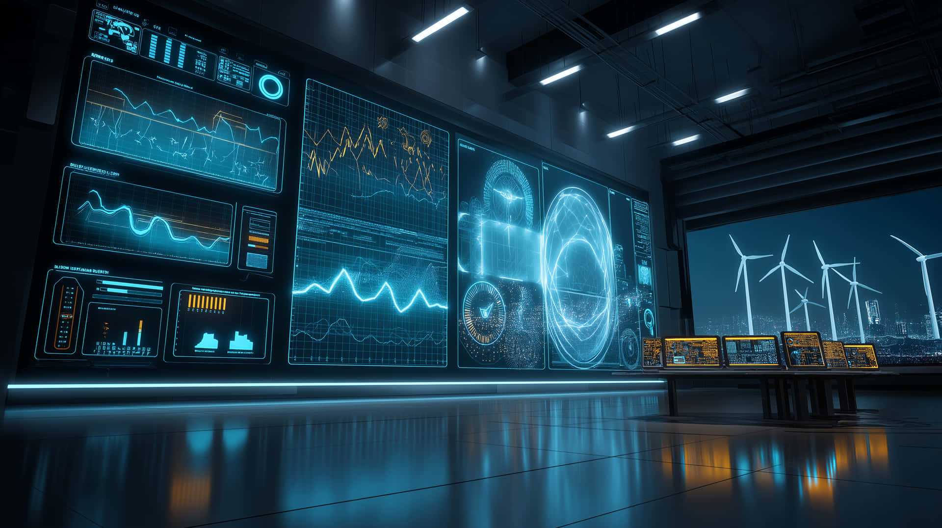 Futuristic Control Room With Dynamic Data Visualizations And Turbines Wallpaper