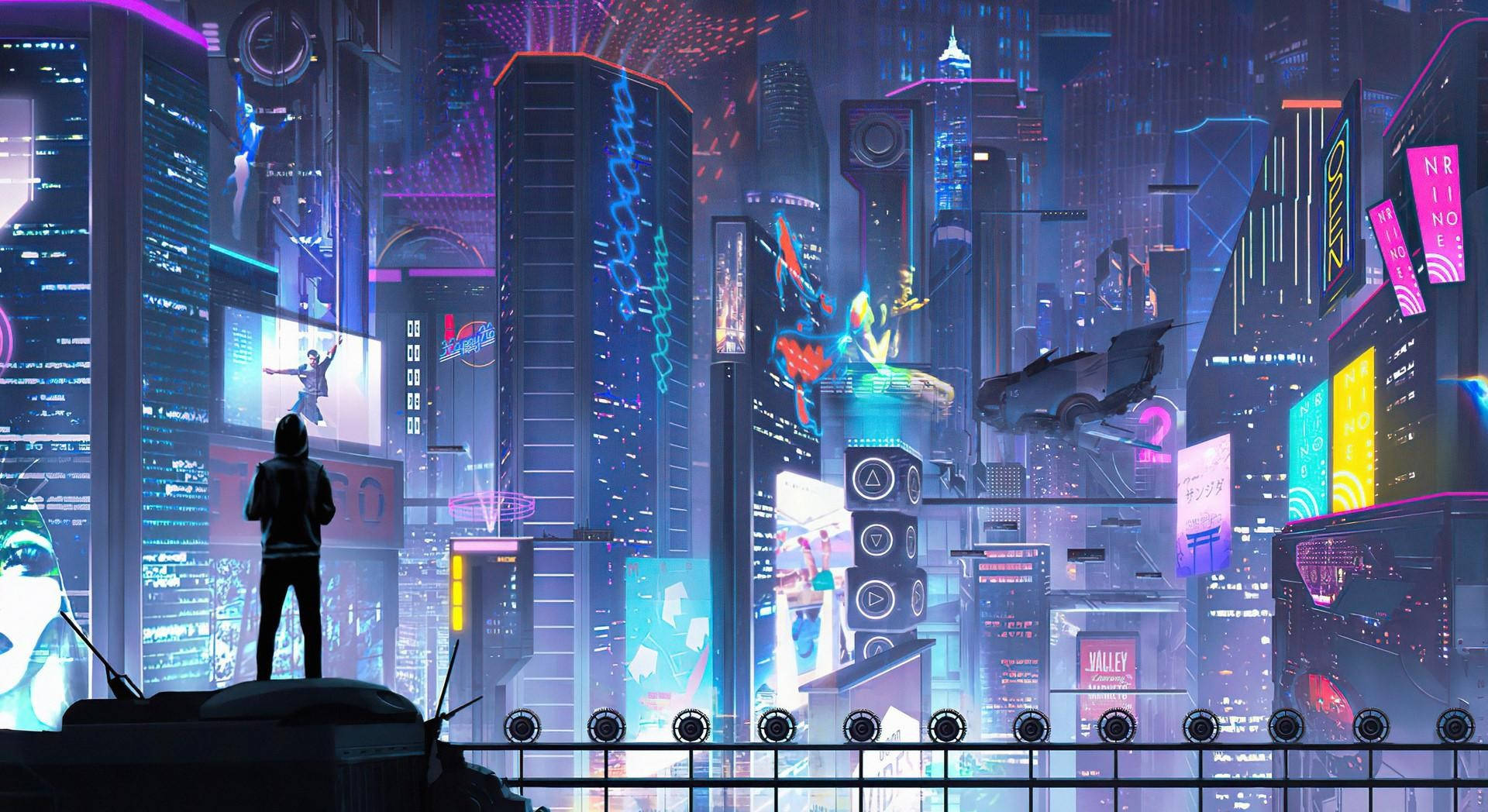 Man Looking At Futuristic Desktop City Wallpaper