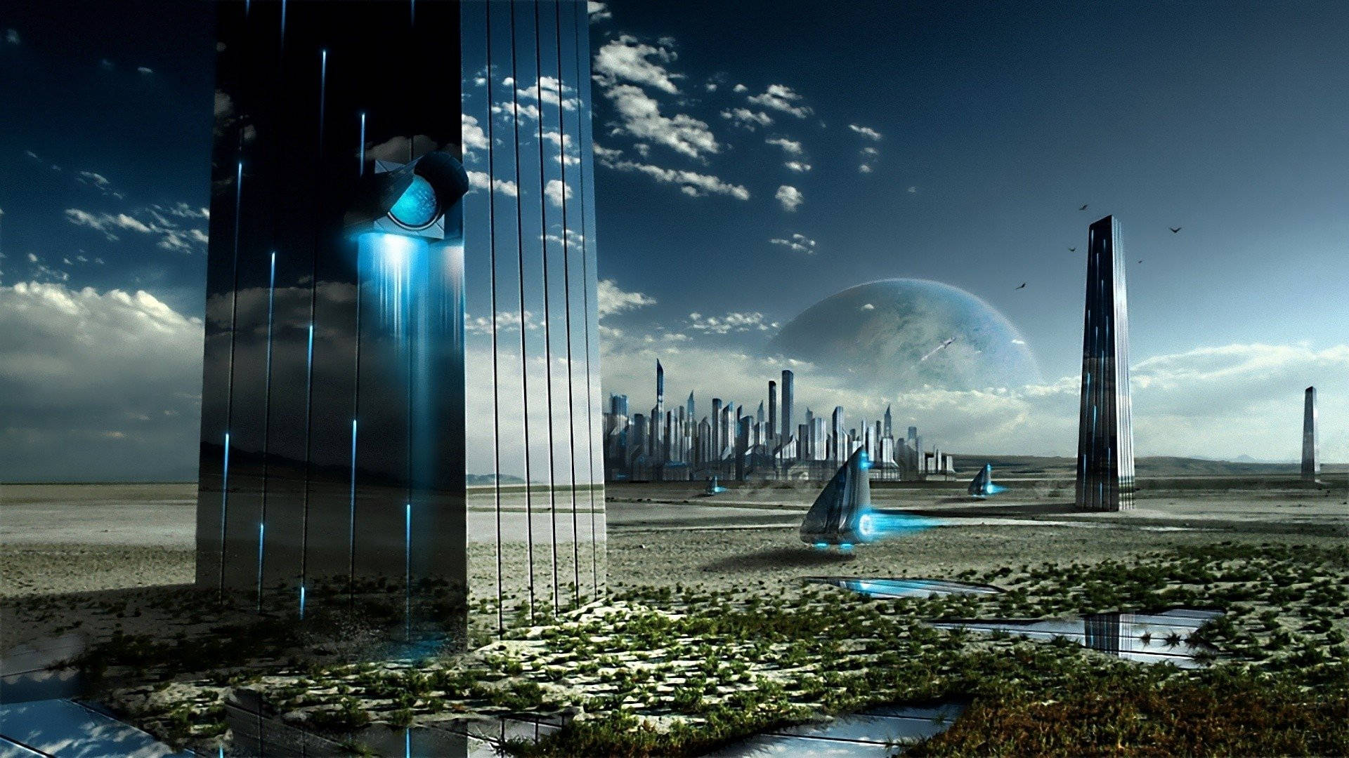 Futuristiskstad Med En Stor Skyskrapa Och En Flod Wallpaper
