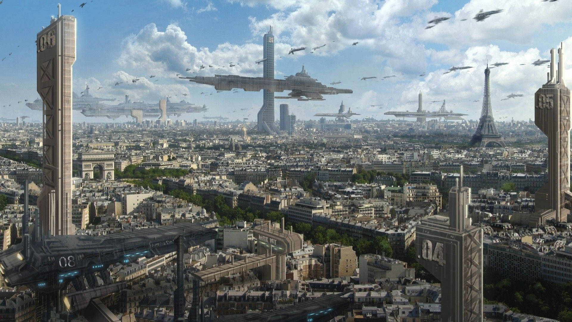 Futuristisk by med futuristiske bygninger og flyvende fly Wallpaper