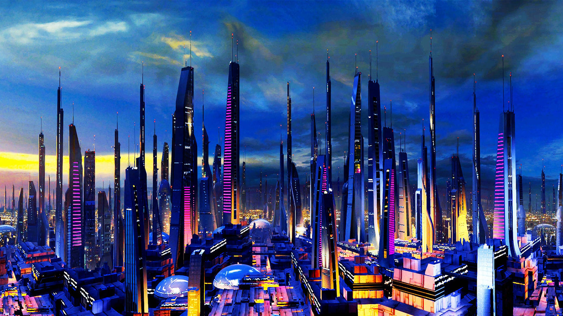 Futuristic Desktop With Spindly Buildings Wallpaper