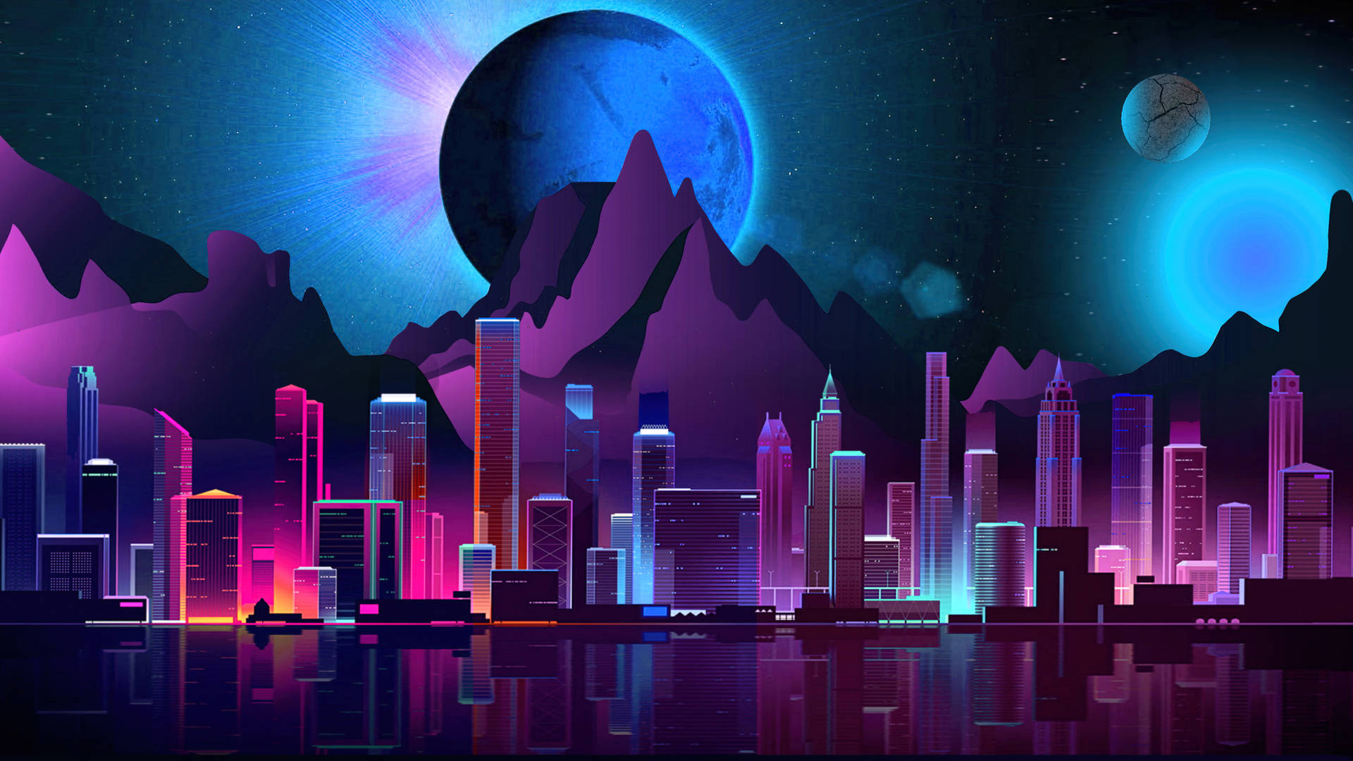Futuristic Desktop With Moon Behind Mountain Wallpaper