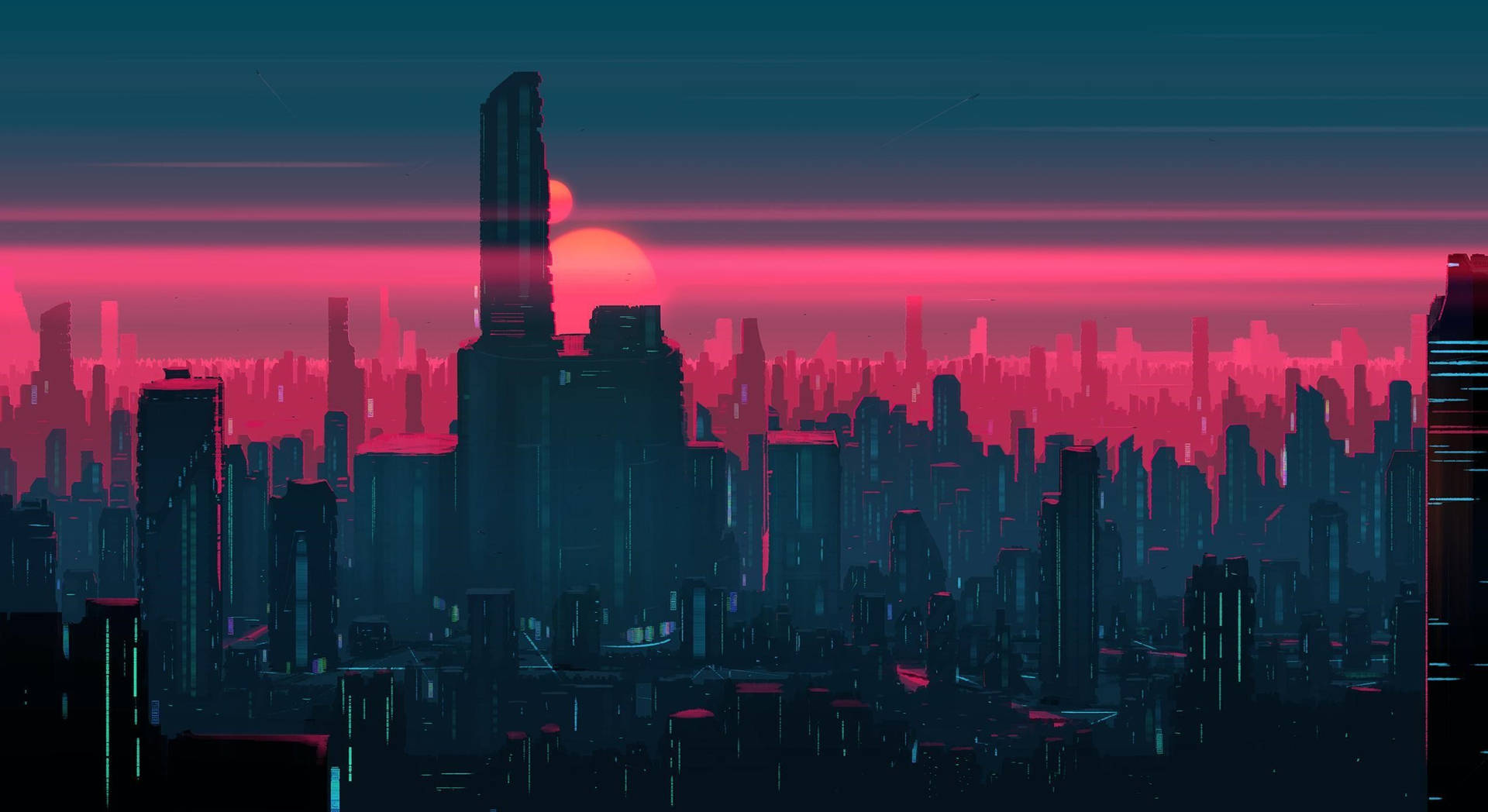 En fremtidig by med et lyserødt himmel. Wallpaper