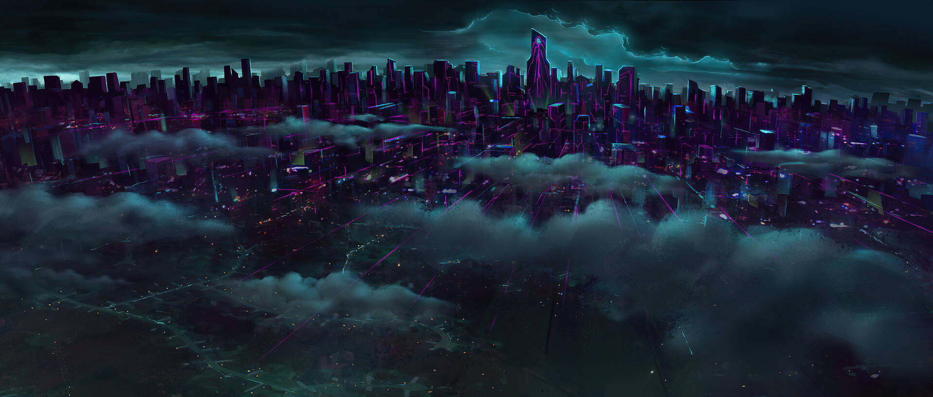 Futuristic Desktop Covered By Clouds Wallpaper