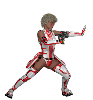 Futuristic Female Soldier Posing With Gun PNG