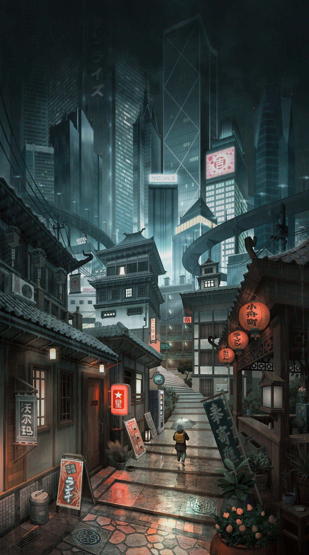 Futuristic Japanese Cityscape Rainy Night Wallpaper