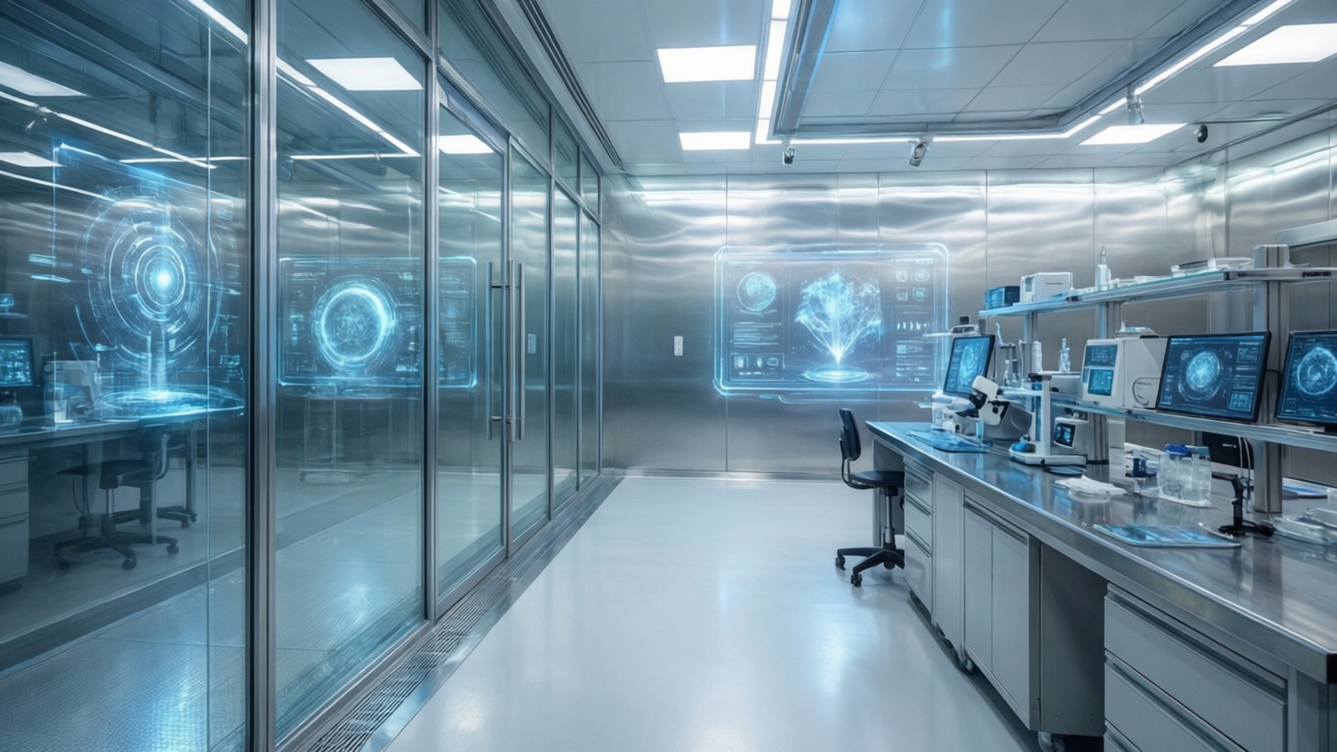 Een strak laboratorium met ray-traced reflecties op glas en metaal en holografische displays.