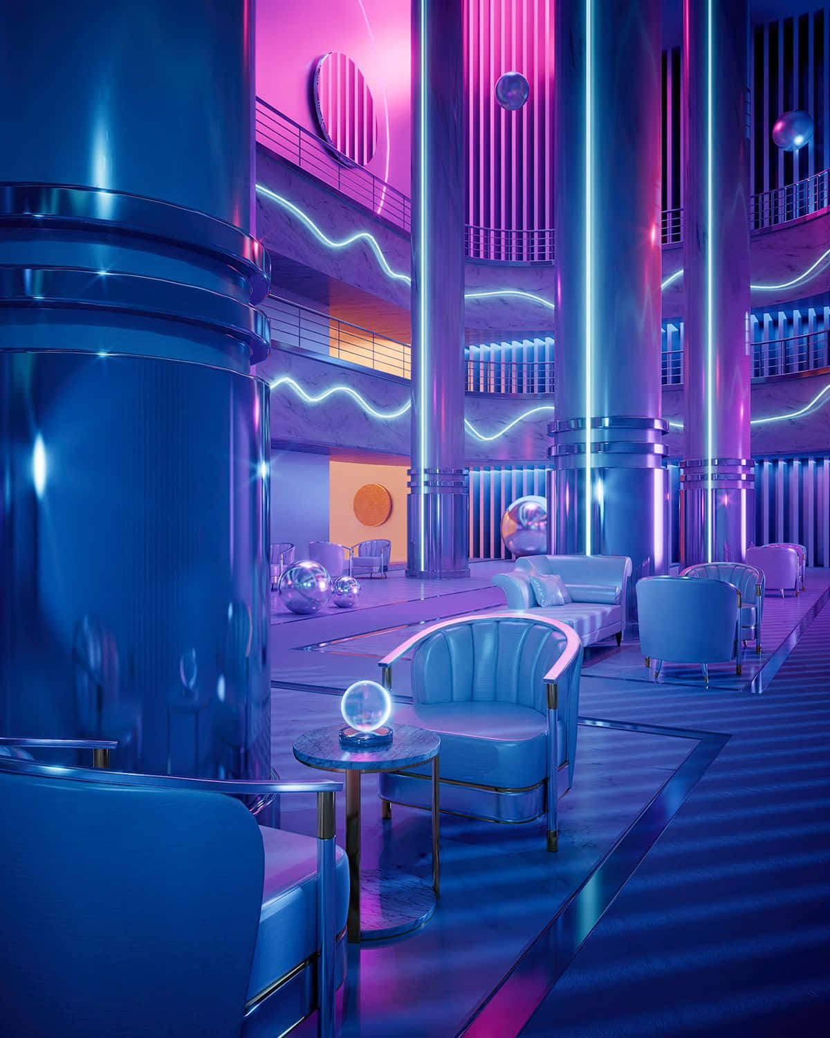 Futuristic Neon Lounge Interior Wallpaper