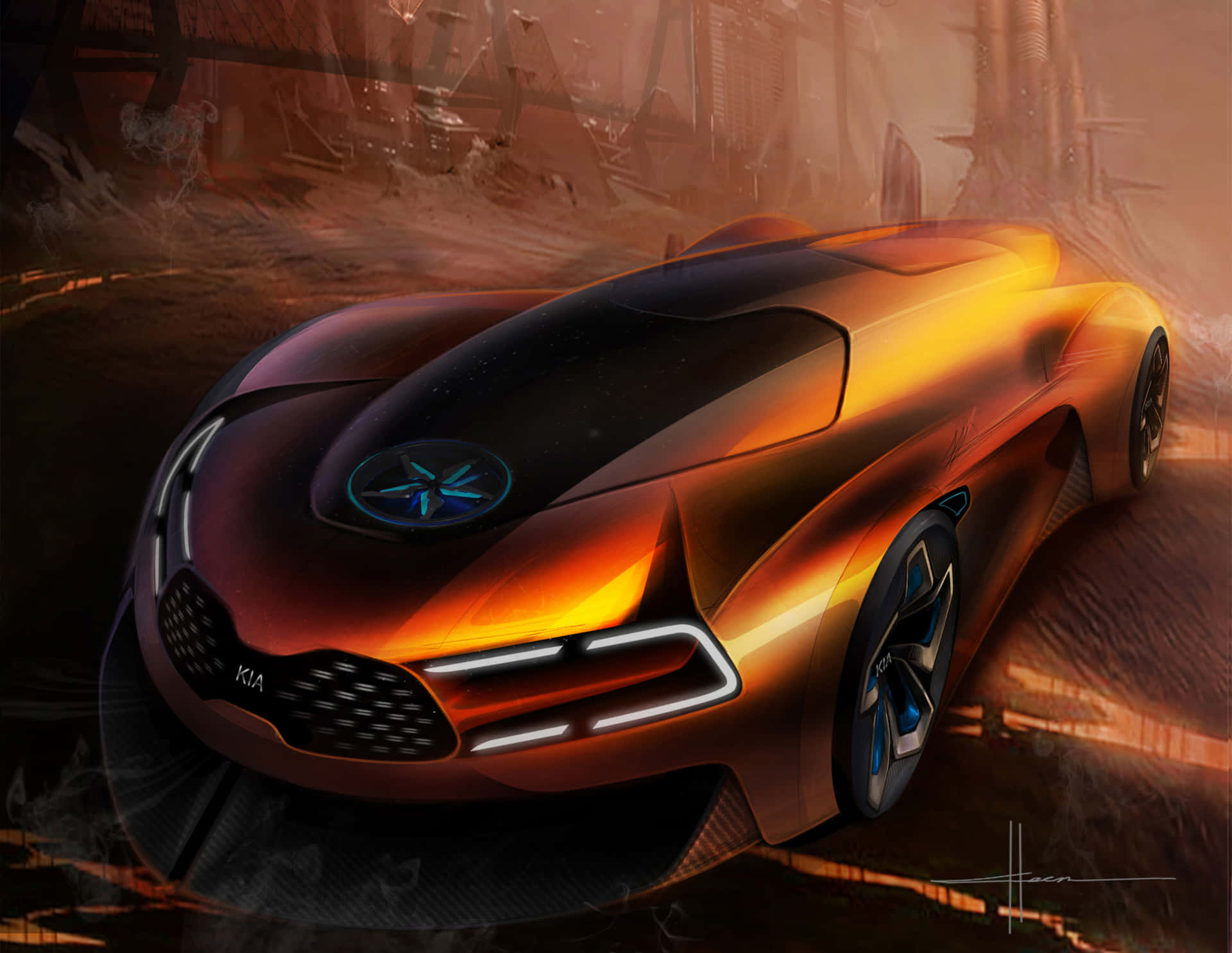 Futuristische Oranje Sportauto Concept Achtergrond