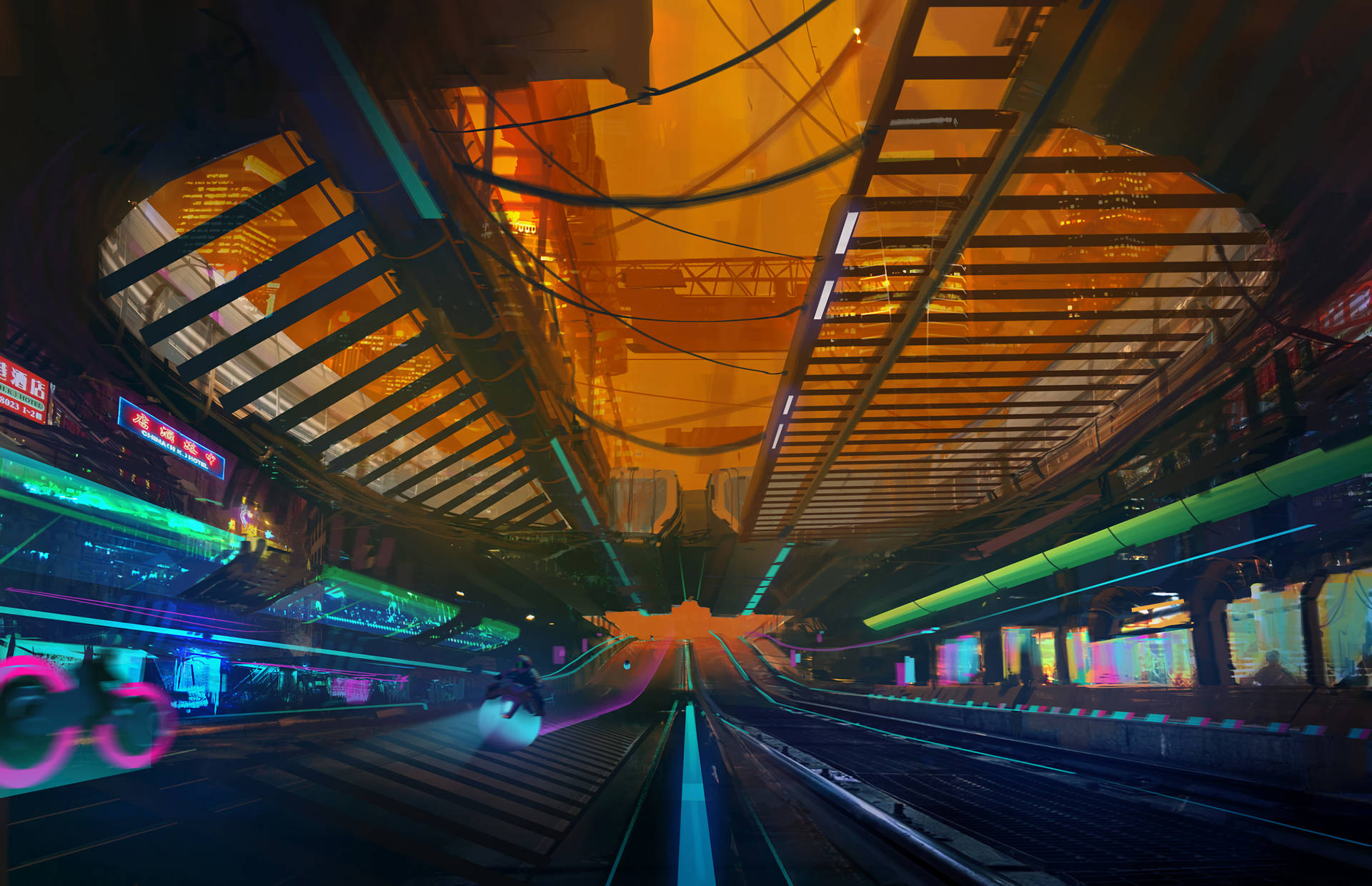 Explore the futuristic airways of the Cyberpunk 2077 city. Wallpaper