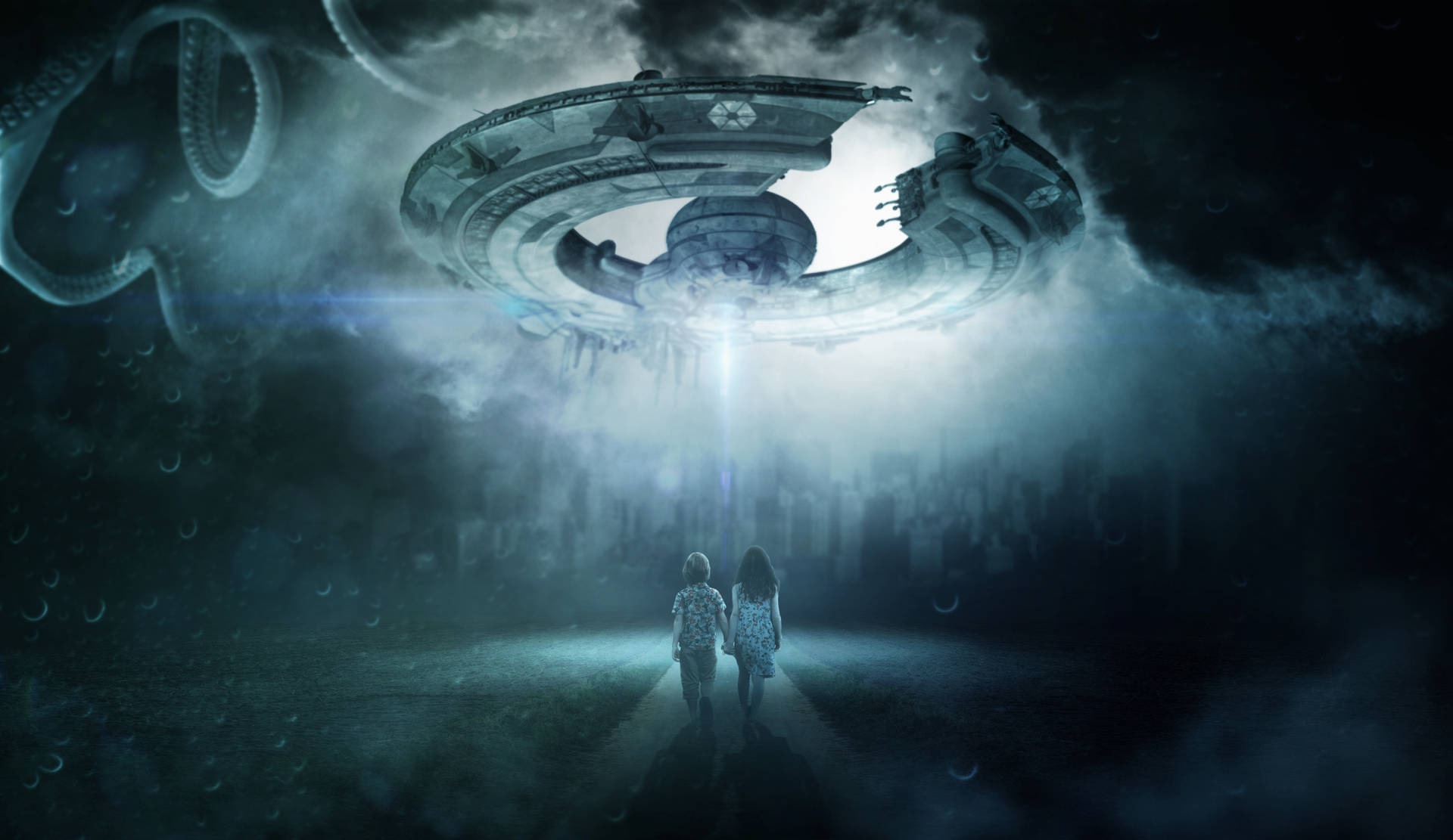 Futuristic Period: UFO And Children Wallpaper