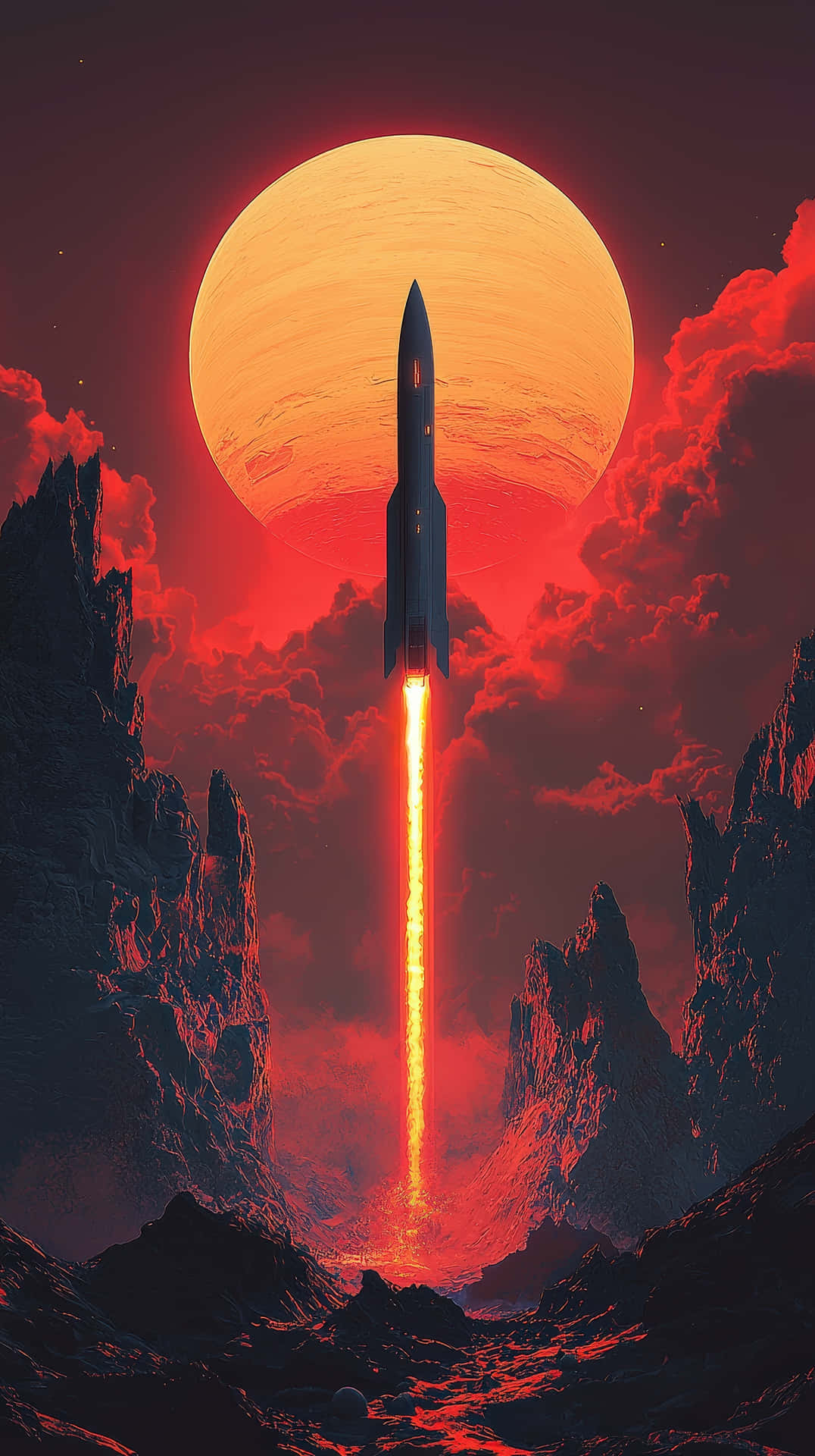 Futuristic Rocket Launch On An Alien Planet With A Massive Sun And Red Sky Wallpaper