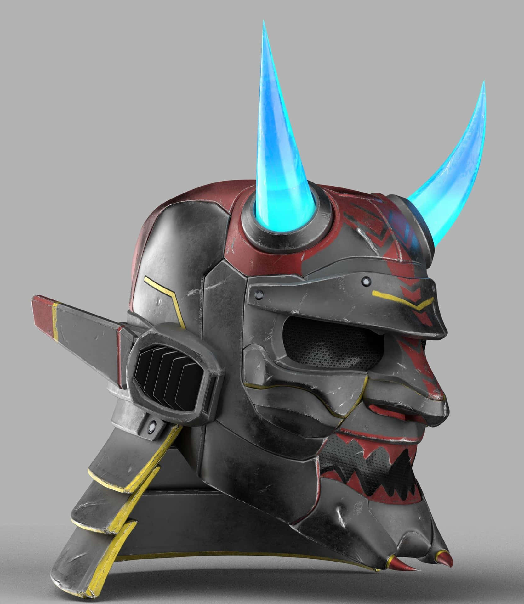 Futuristische Samurai Helm Met Blauwe Hoorns Achtergrond