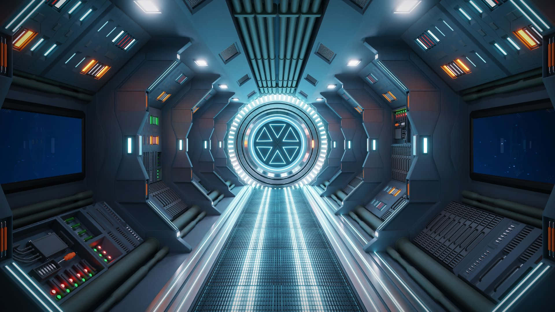Futuristic Spaceship Corridor Interior Wallpaper