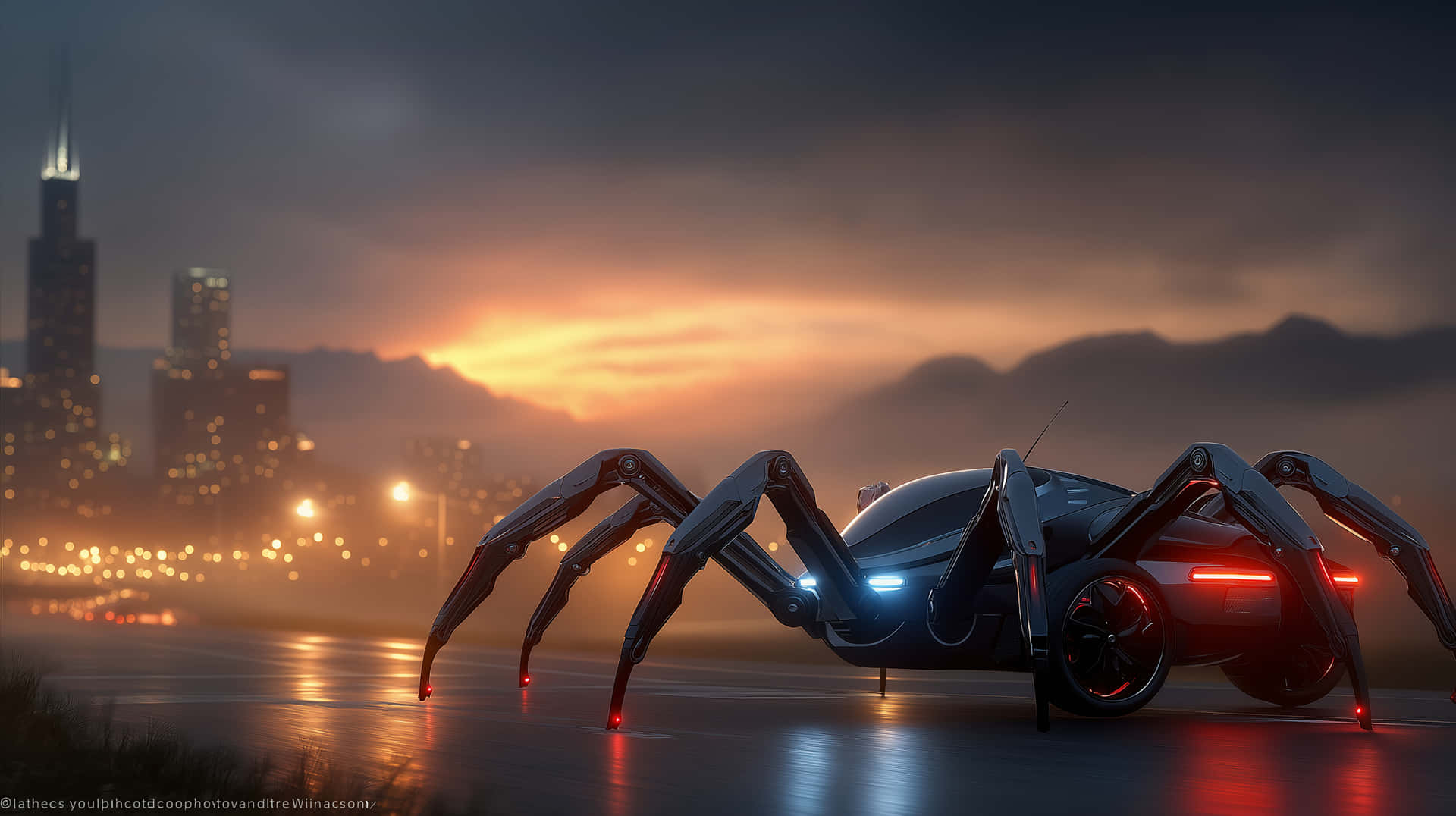 Futuristic Spider Robot Car On City Road At Sunset Wallpaper