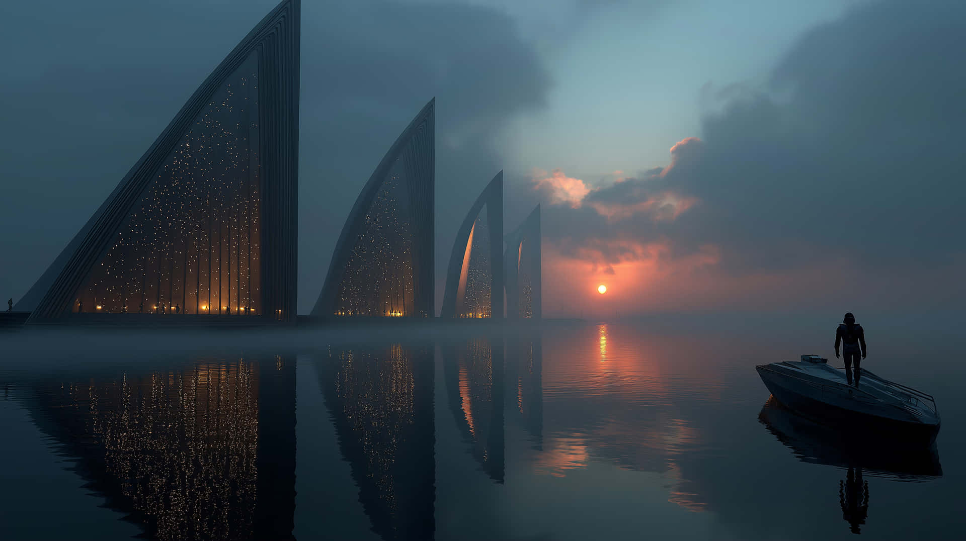 Futuristic Spire Architecture Reflected In Water At Twilight Wallpaper