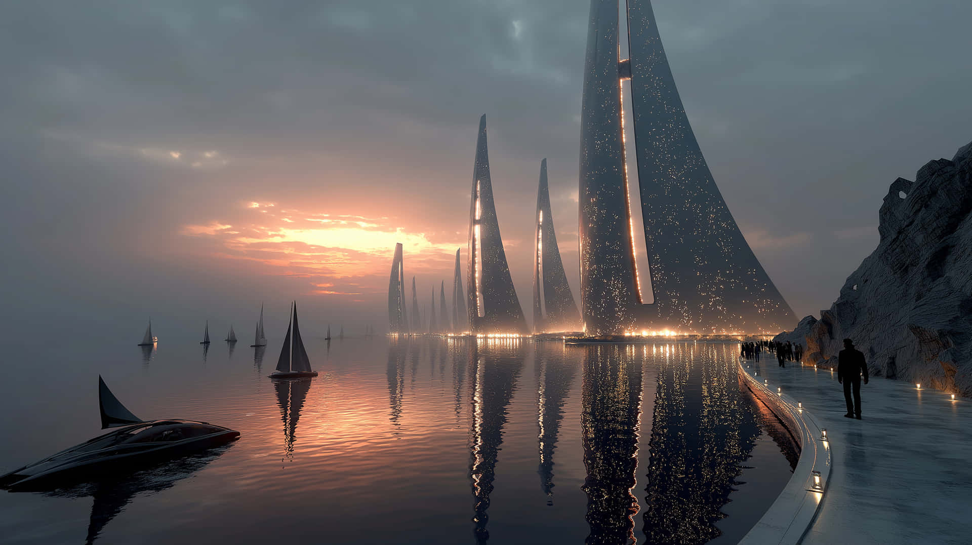 Futuristic Spire Architecture Reflected In Water At Twilight Wallpaper